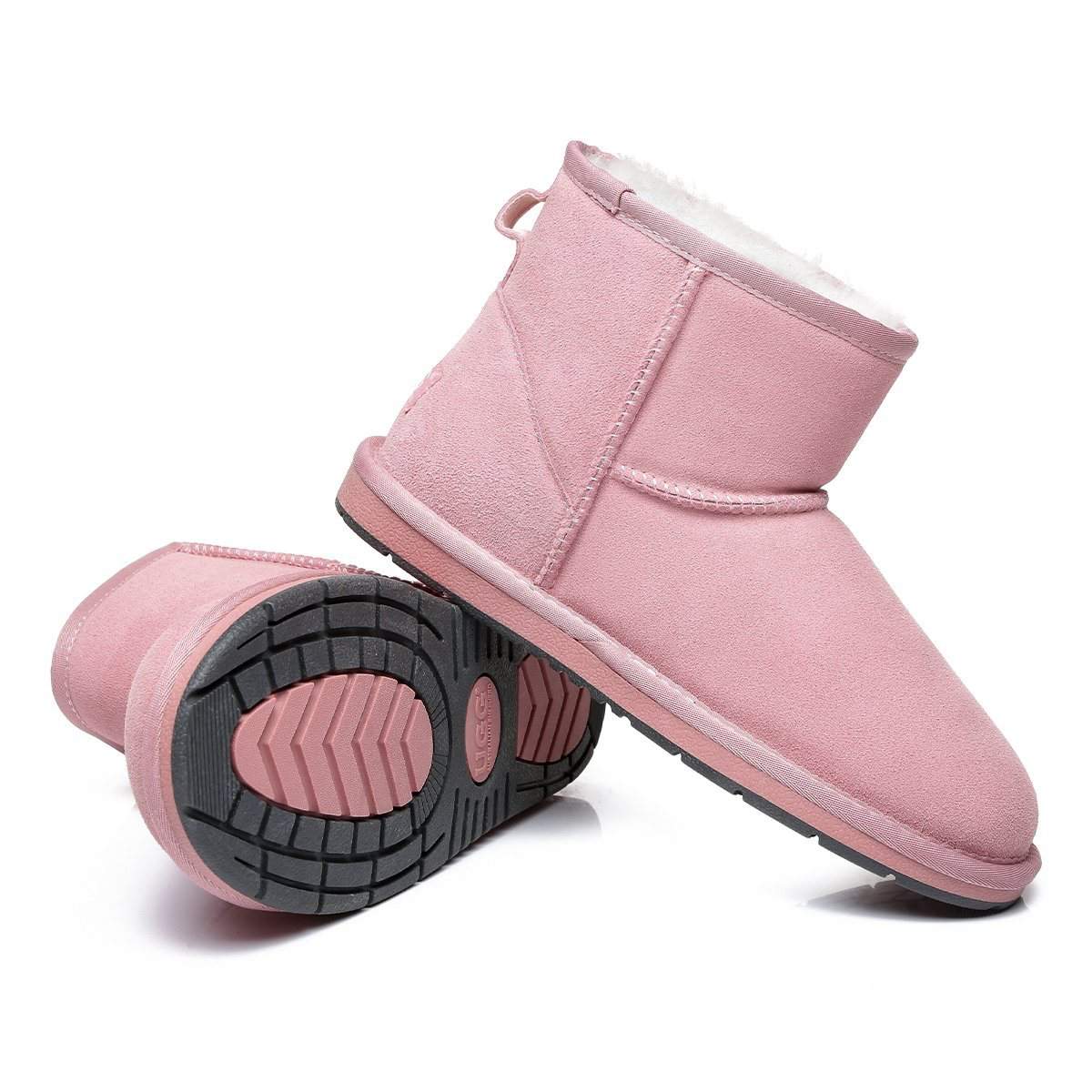 EverUgg Classic Mini UGG boots in colorful suede with plush lining, showing the side view of the stylish women's shoes.