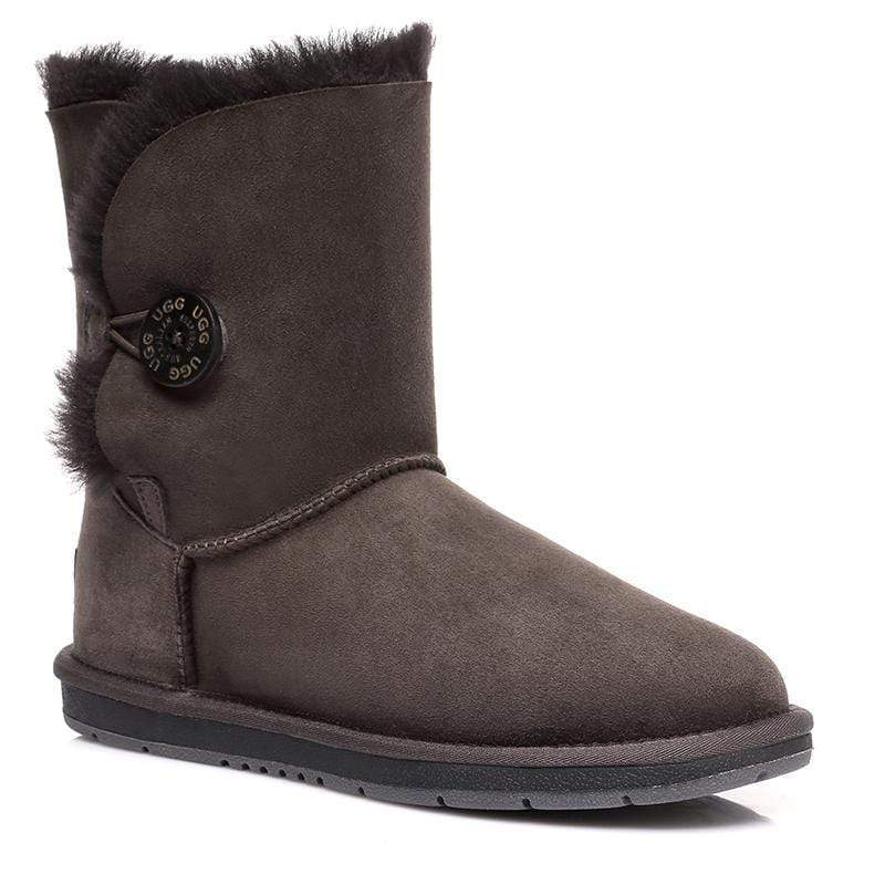 EverUgg Classic Short 1-Button UGG Boots in chocolate color, women’s and men’s styles, shown on a model.