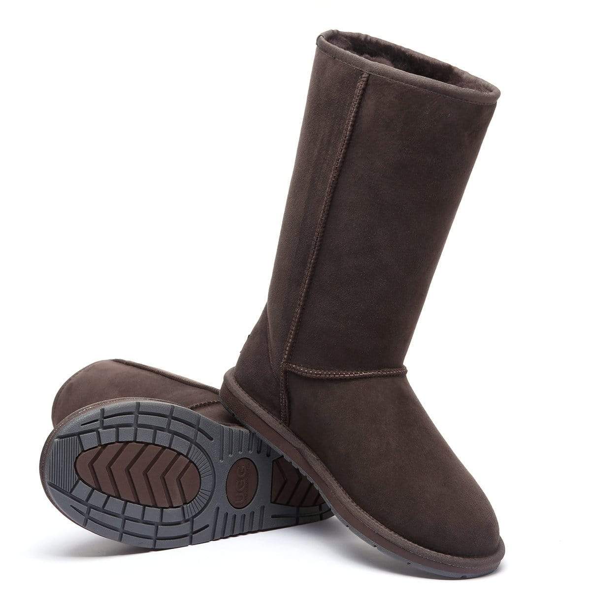 EverUgg classic tall UGG boots for women, showcasing soft suede exterior and cozy shearling lining in a natural standing pose.