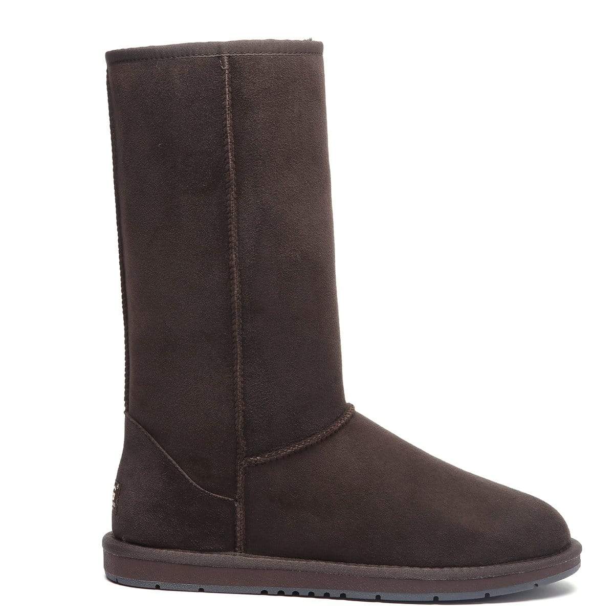 EverUgg classic tall chocolate UGG boots for women and men, showcasing cozy suede footwear with plush sheepskin lining.