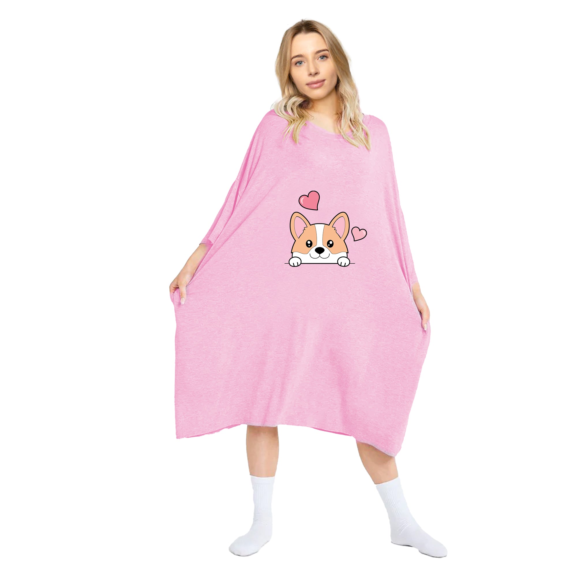 Pink oversized T-shirt featuring a cute corgi print from Snuggyz, casual fit perfect for dog lovers and comfortable everyday wear.