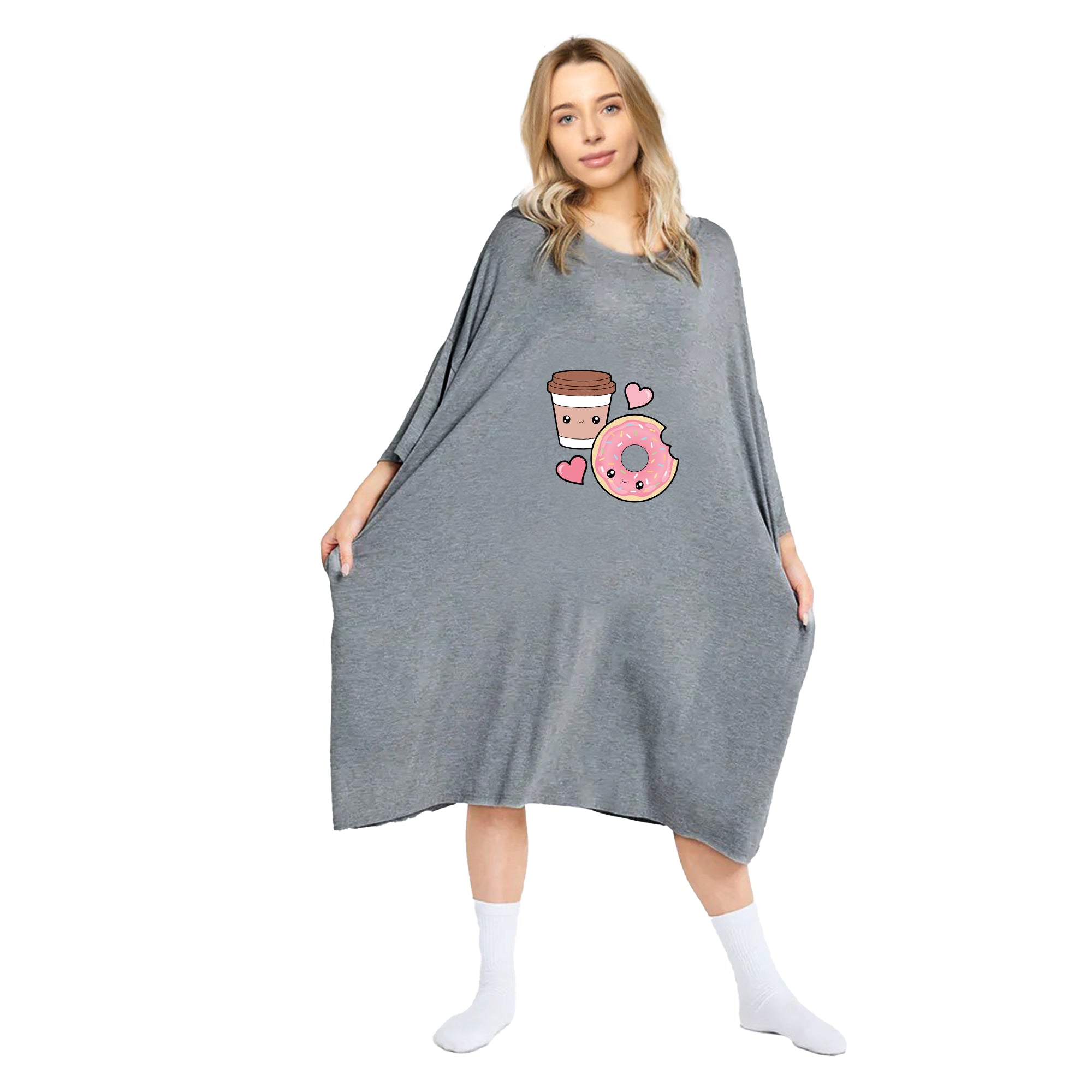 Snuggyz oversized shirt featuring a donut and coffee print, casual graphic tee with colorful donut and coffee illustrations.