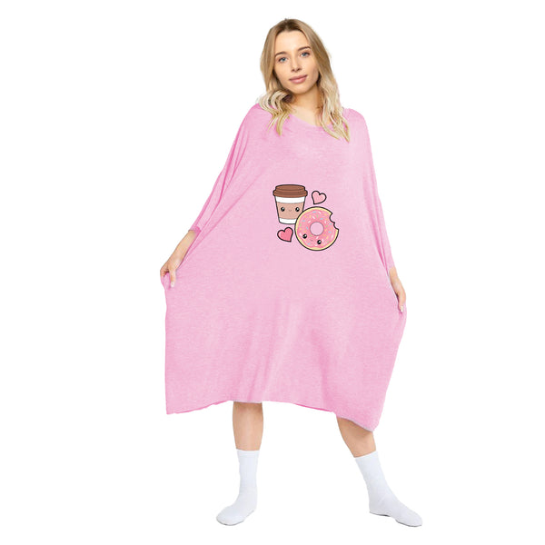 Pink oversized T-shirt by Snuggyz featuring a colorful donut and coffee print design.