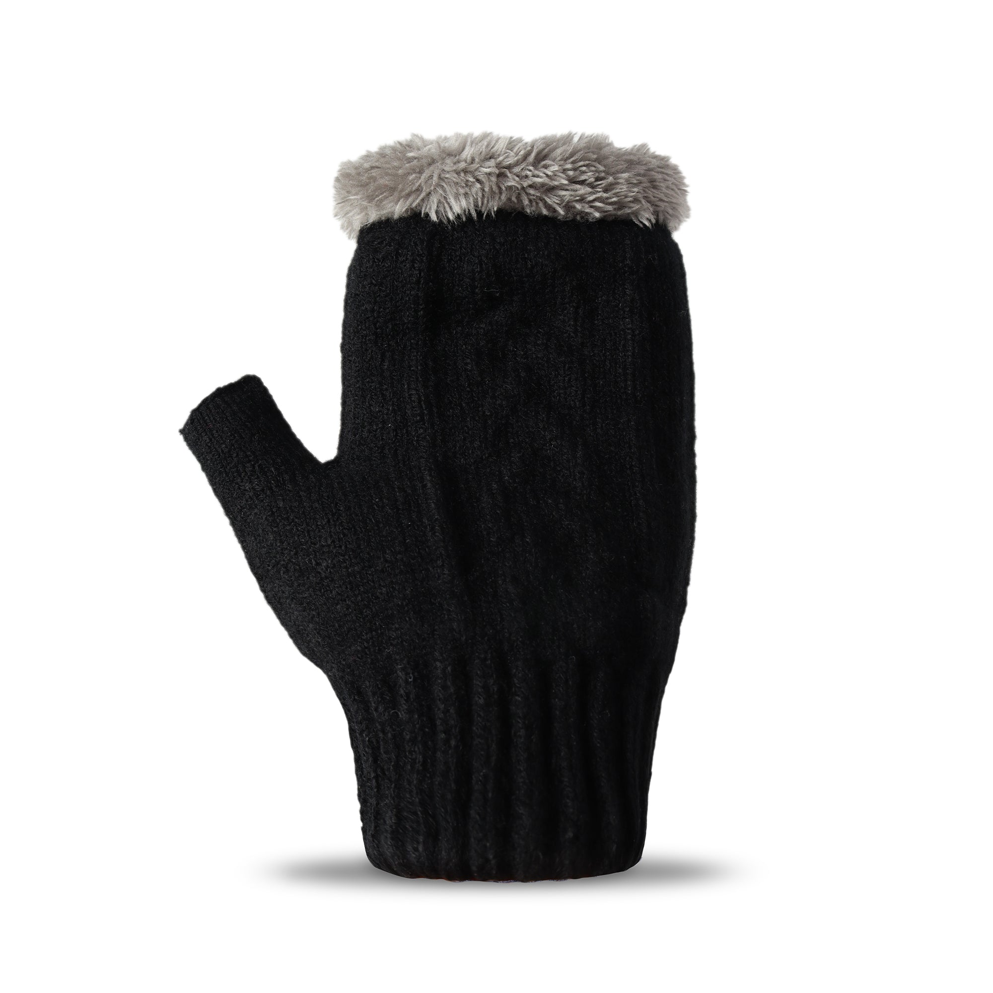 Black EverUgg fingerless ultra plush knit gloves showing a cozy, textured knit fabric and open fingertips for easy use.