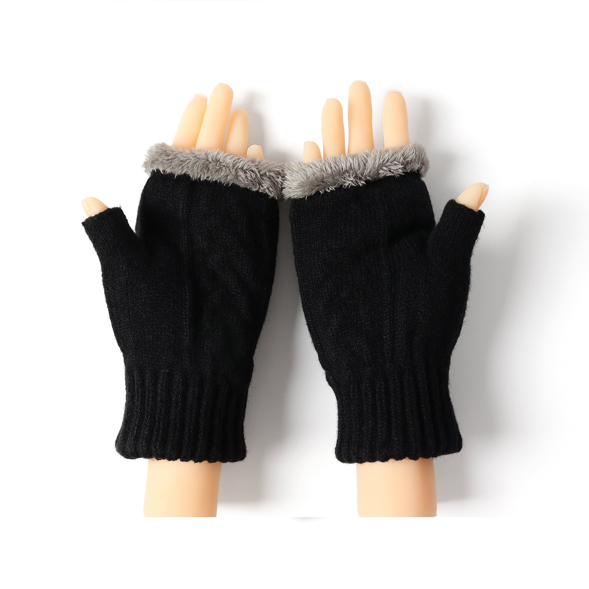 Black EverUgg fingerless ultra plush knit gloves with ribbed cuffs, designed for warmth and style.