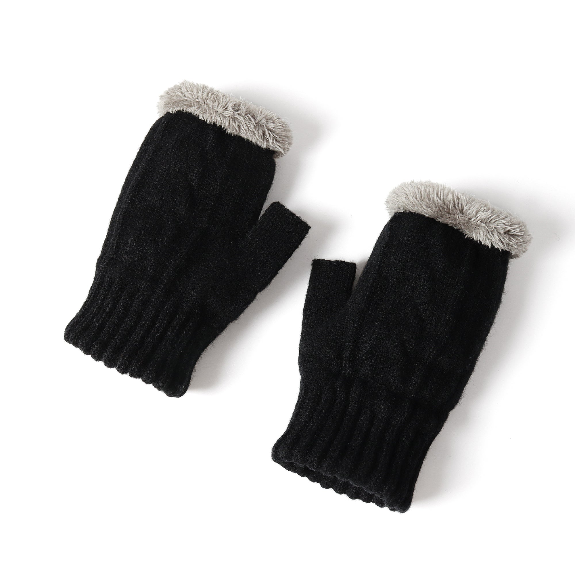 Black EverUgg fingerless ultra plush knit gloves showing soft, cozy fabric and open-finger design for warmth and dexterity.