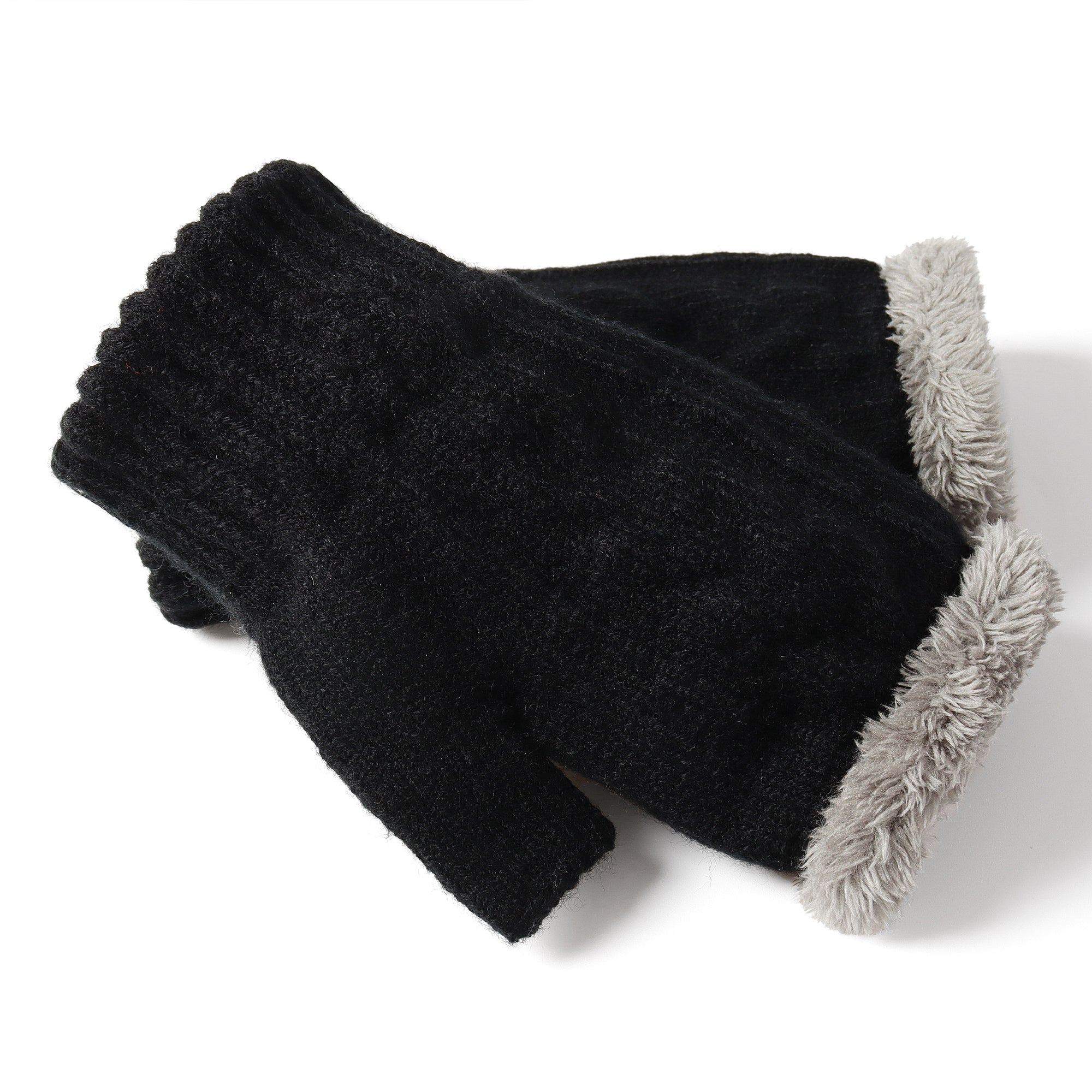 Black EverUgg fingerless plush knit gloves with ribbed cuffs, designed for warmth and style.