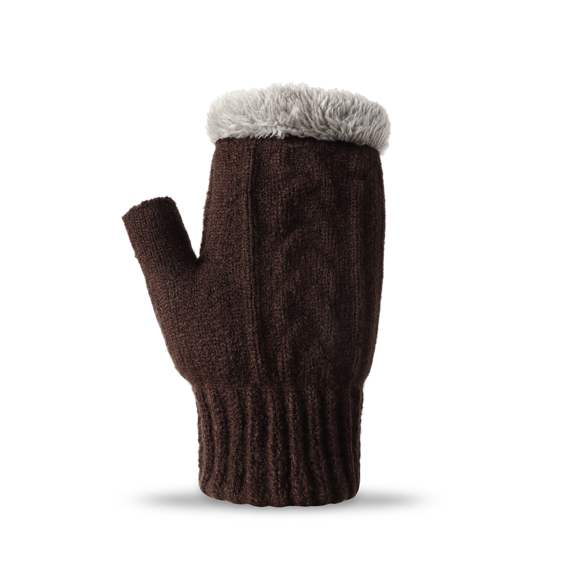 Chocolate brown EverUgg fingerless ultra plush knit gloves showing soft, cozy fabric and open fingertips for warmth and mobility.