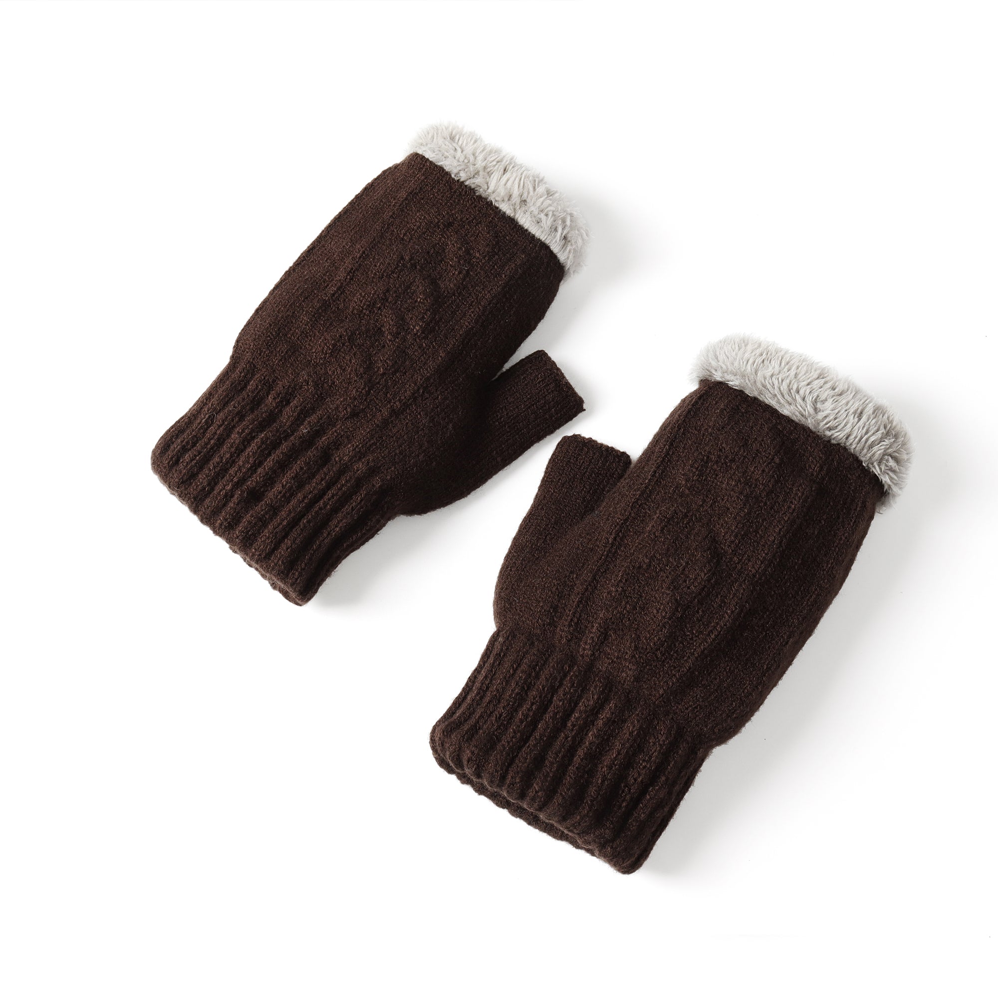 Chocolate-colored EverUgg fingerless ultra plush knit gloves with a cozy, textured appearance for warm, stylish hand coverage.