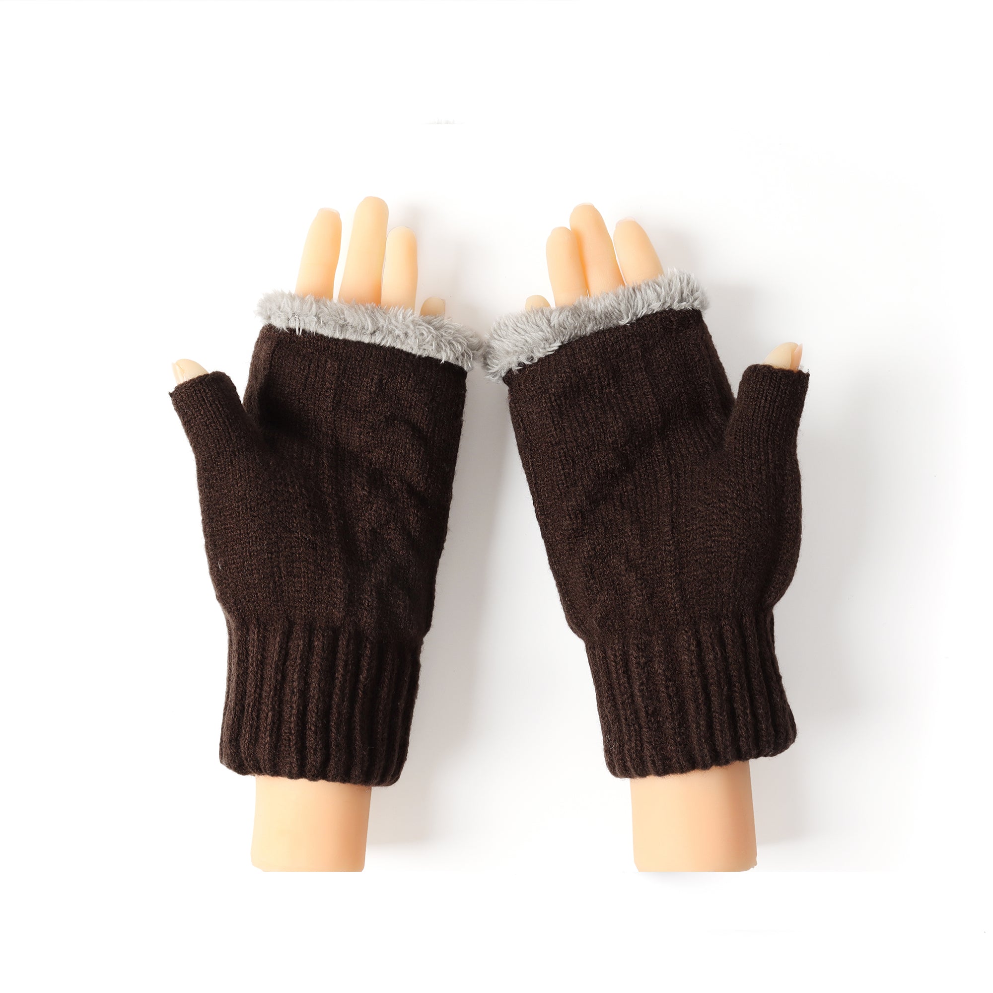 EverUgg fingerless ultra plush knit gloves in chocolate brown, showing soft, cozy material and stylish design.