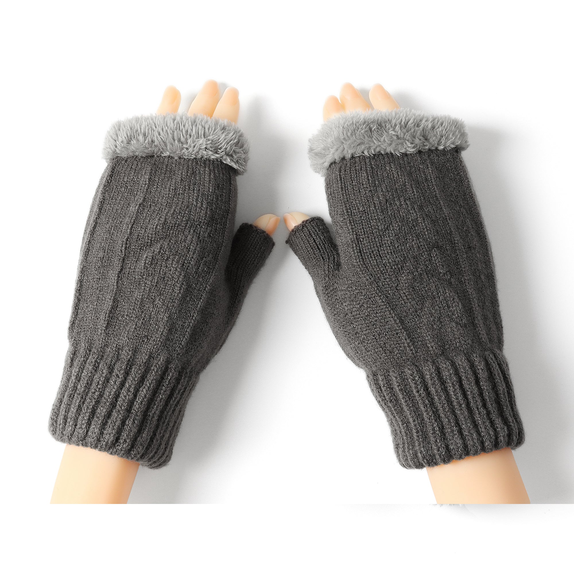 Grey EverUgg fingerless ultra plush knit gloves showing soft, cozy fabric and fingerless design for warmth and mobility.