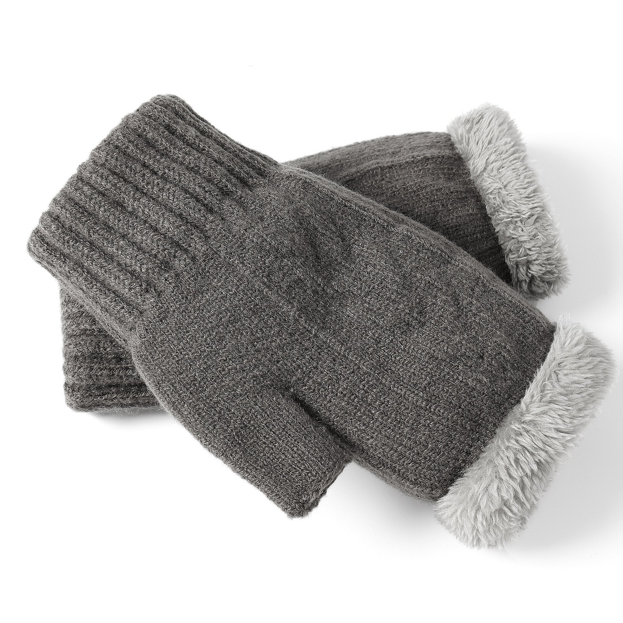 Grey EverUgg fingerless ultra plush knit gloves showing soft, cozy fabric and open finger design for warmth and dexterity.