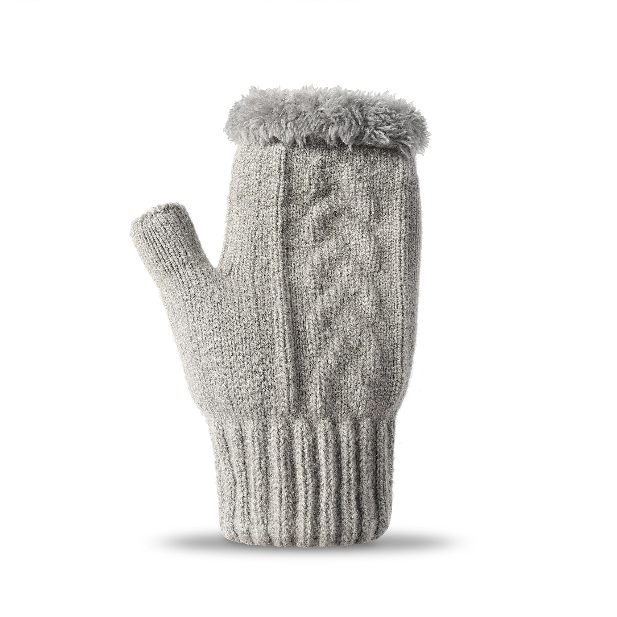 Light gray EverUgg fingerless ultra plush knit gloves with ribbed cuffs, designed for warmth and comfort.