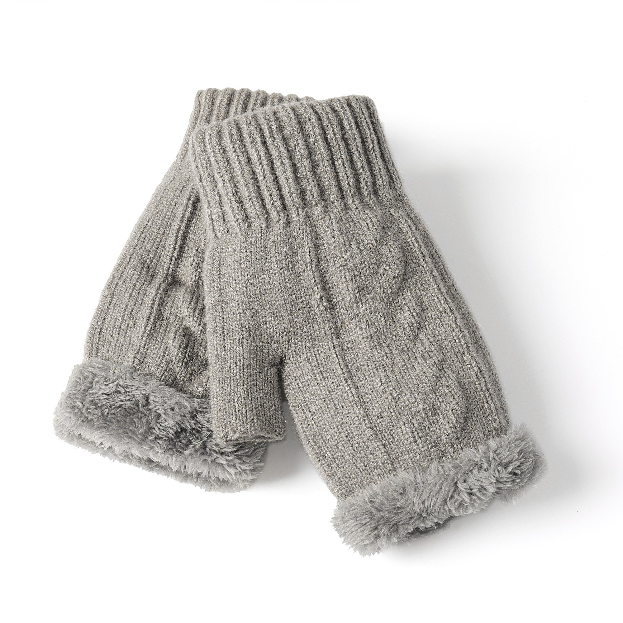 Light gray EverUgg fingerless ultra plush knit gloves with ribbed cuffs, perfect for keeping hands warm and stylish.