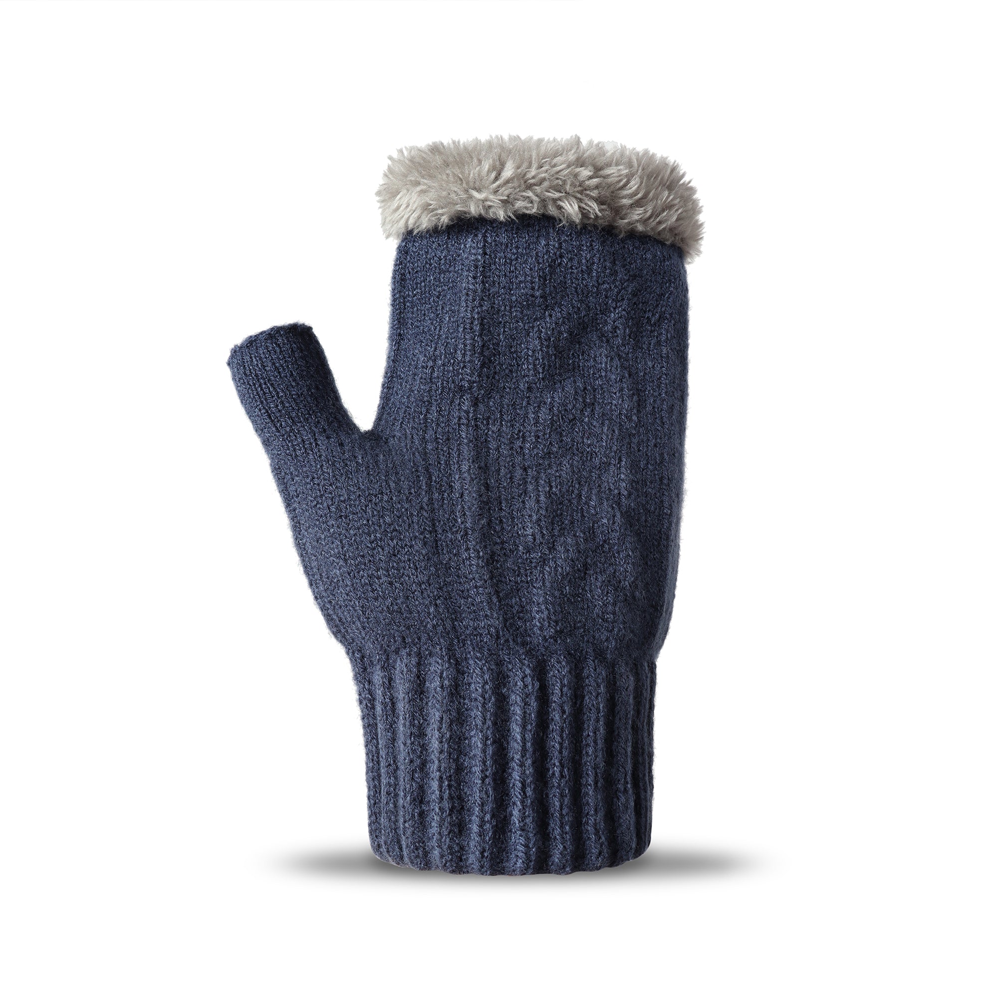Navy fingerless plush knit gloves by EverUgg, showing soft, cozy material and stylish design for warmth and comfort.