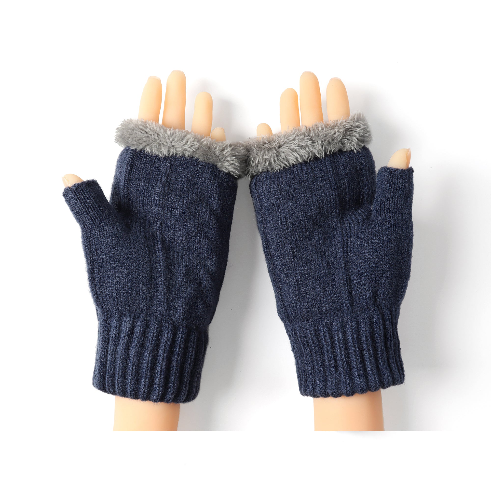 Navy fingerless ultra plush knit gloves by EverUgg, showing soft knit fabric and stylish design for warmth and fashion.