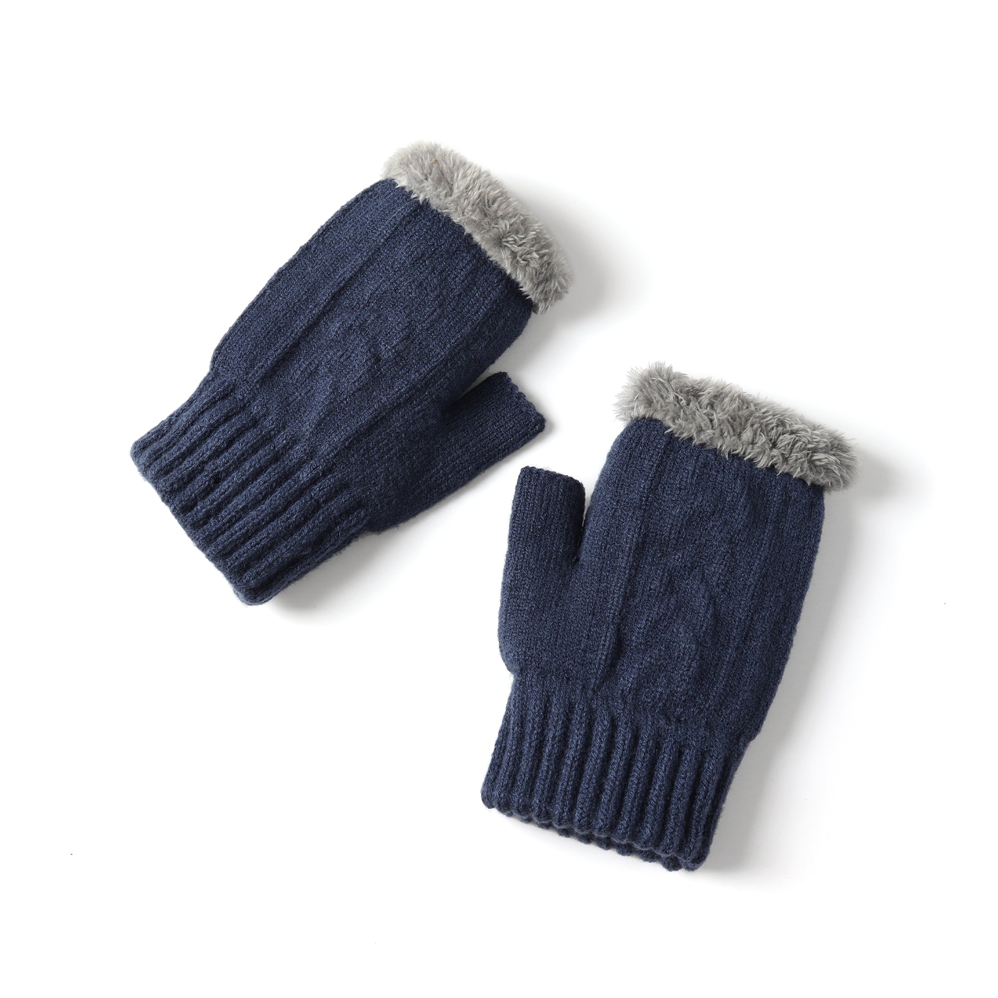 Navy fingerless ultra plush knit gloves by EverUgg showing soft, warm fabric and stylish design for cold weather wear.