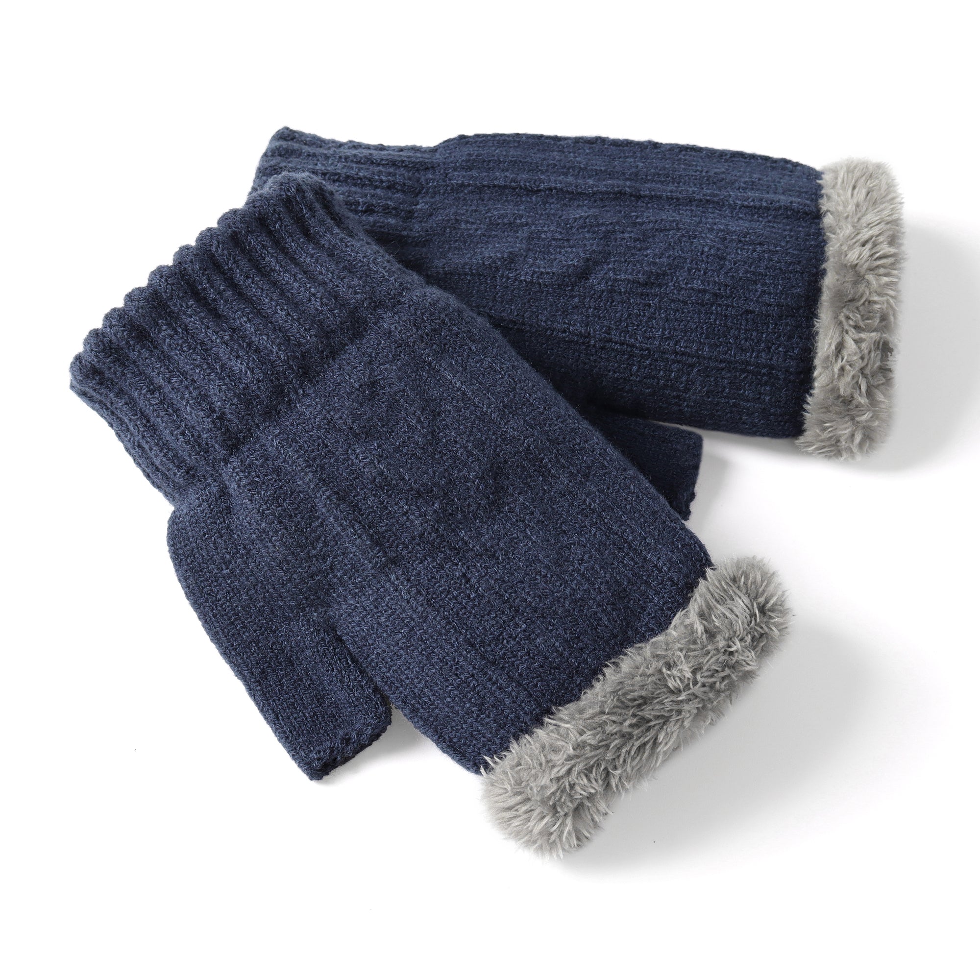 Navy fingerless ultra plush knit gloves by EverUgg, showing soft, cozy material and stylish design perfect for cold weather.