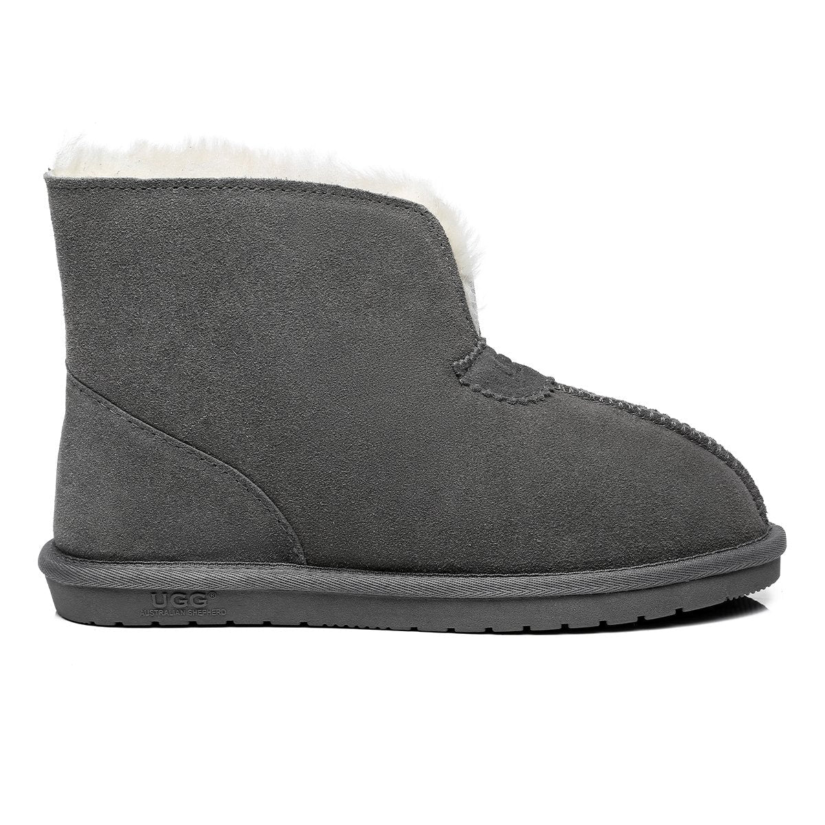 EverUgg Jonah unisex UGG slippers in grey double-face sheepskin, featuring a cozy slip-on design for men and women.