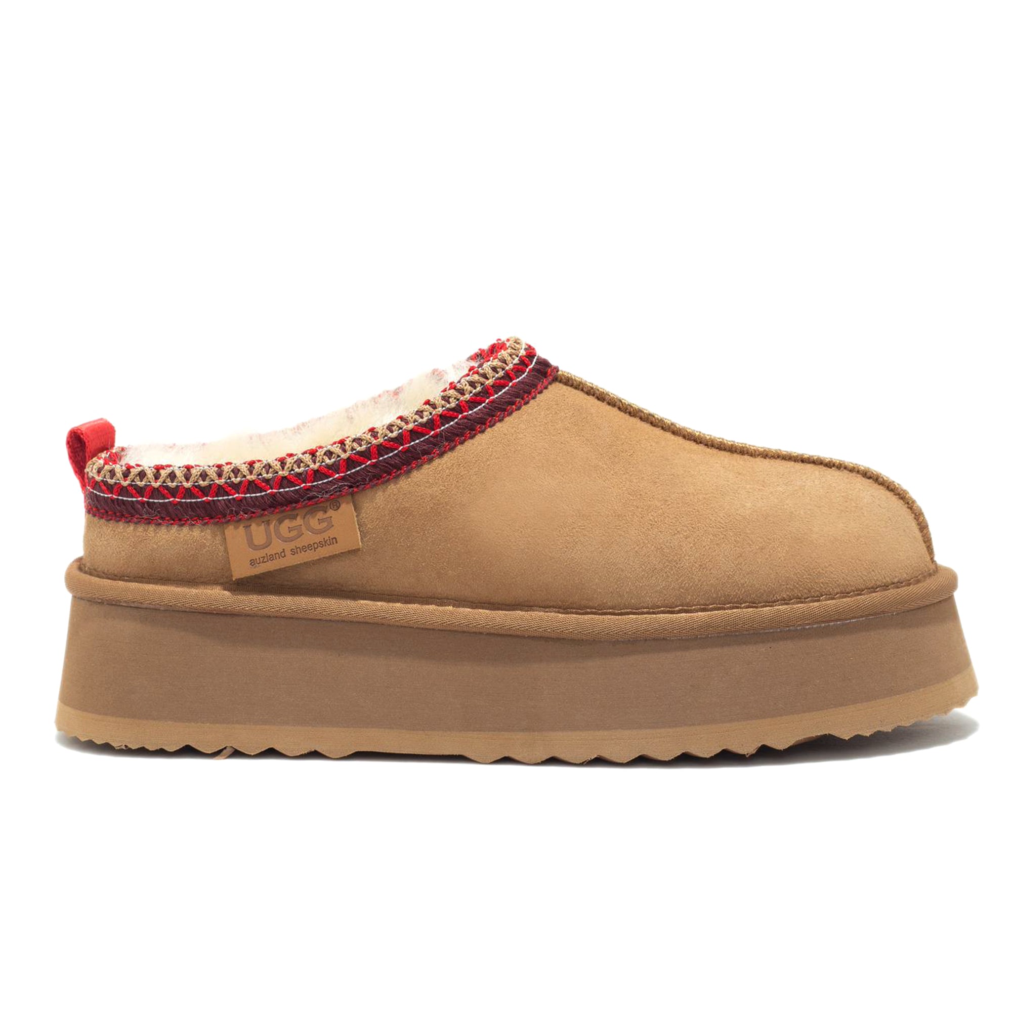 Auzland Mackenzie platform UGG slippers in chestnut color, cozy slip-on footwear with plush lining and elevated sole.