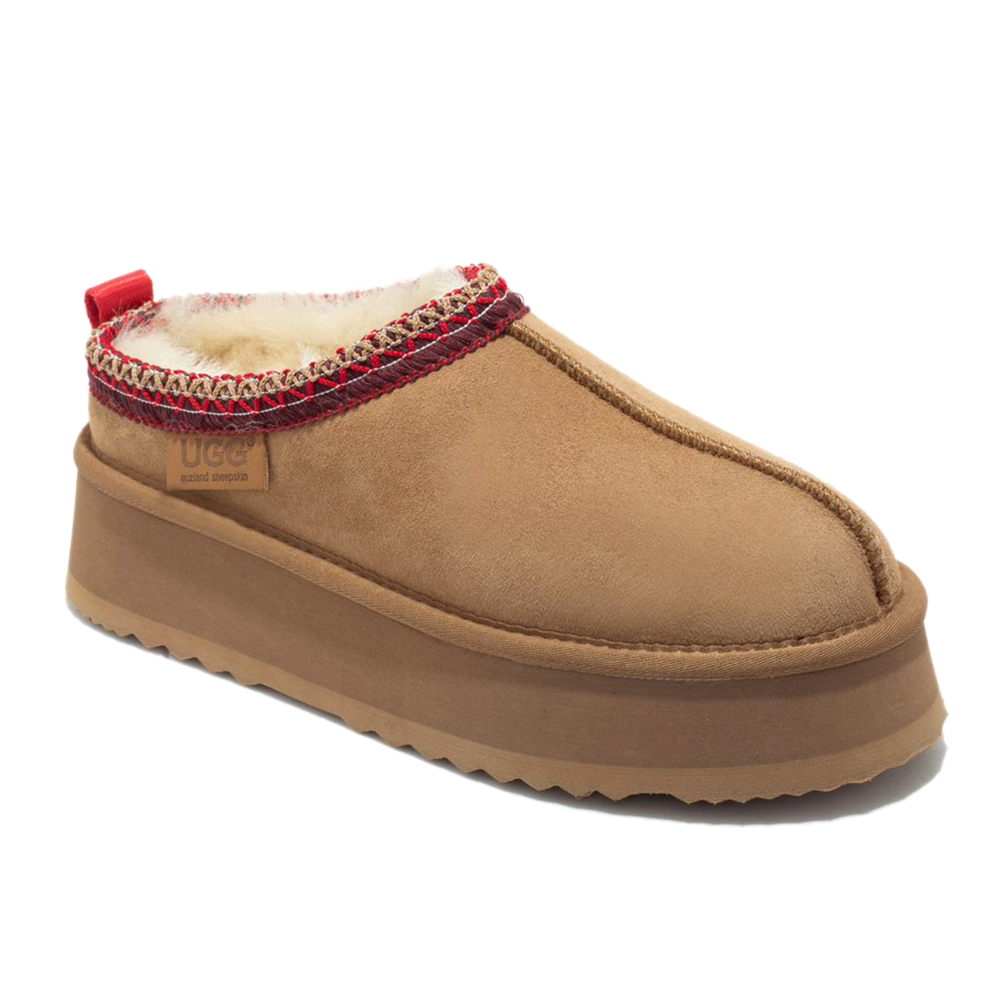 Auzland Mackenzie Platform UGG slippers with plush interior, beige exterior, and thick sole for cozy comfort and stylish wear.