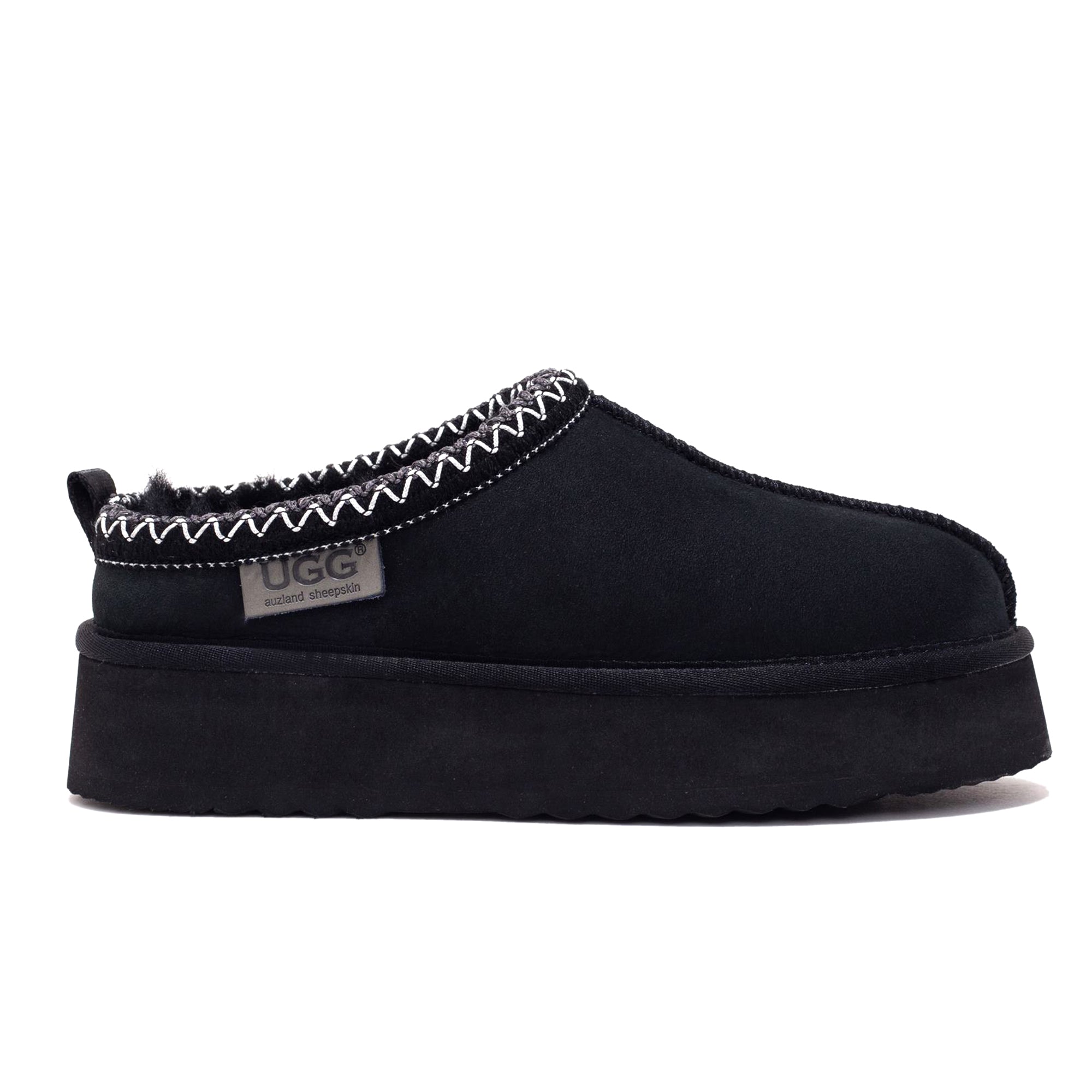 Auzland Mackenzie Platform UGG Slippers in black, featuring plush interior and textured sole for cozy comfort.