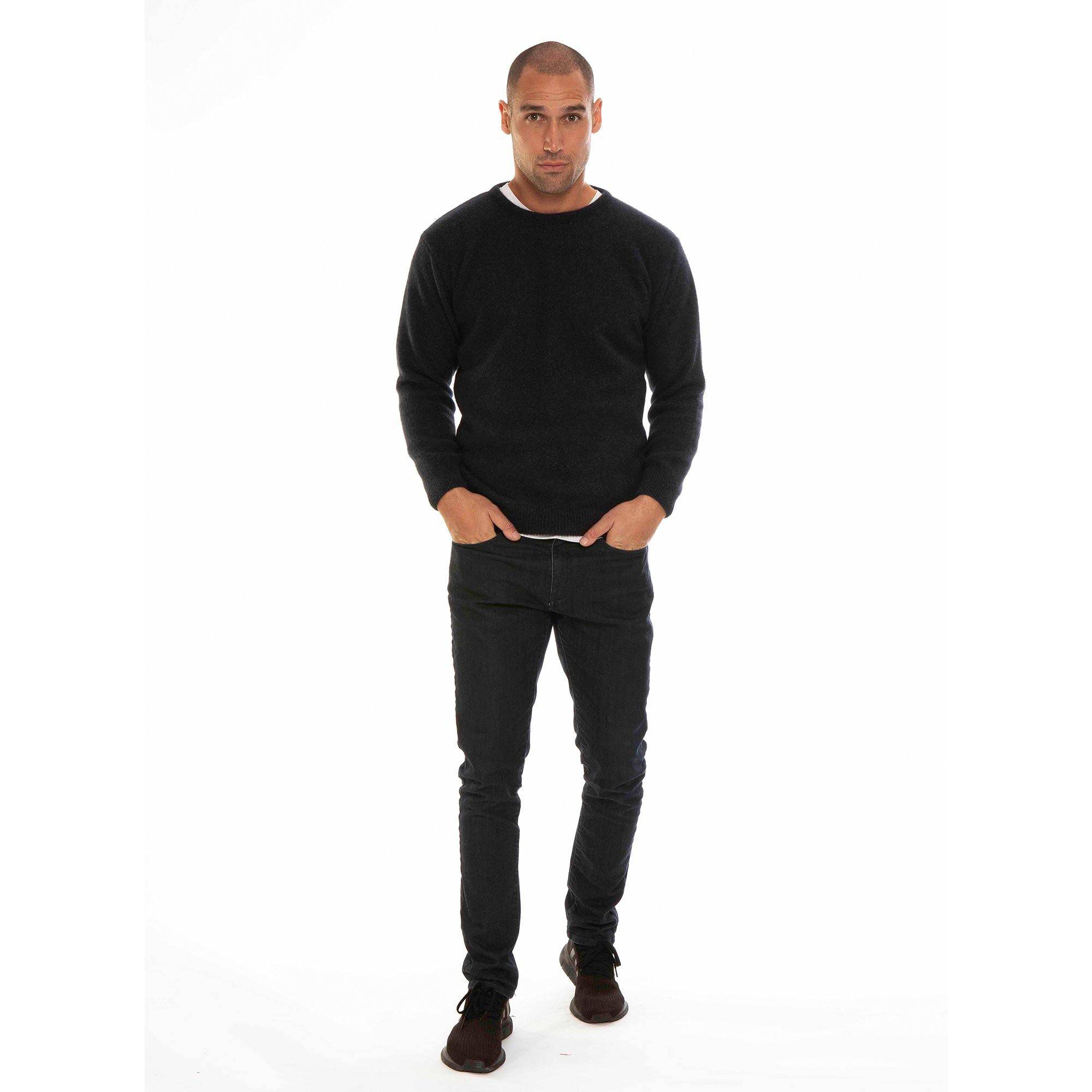 Men's charcoal crew neck jumper by Koru made from possum and merino wool, featuring a cozy fit and classic style.