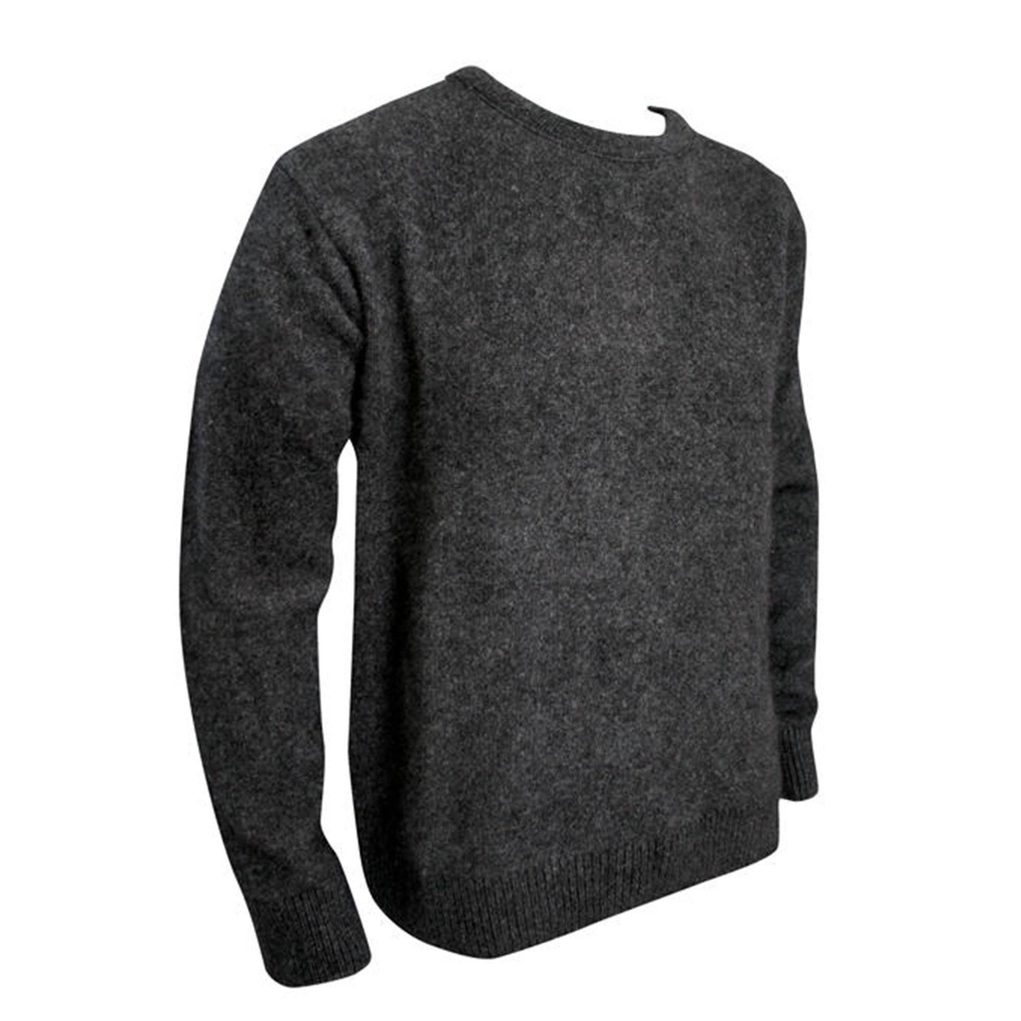 Men's charcoal crew neck jumper made from possum and merino wool by Koru, showcasing the cozy, soft knit fabric.