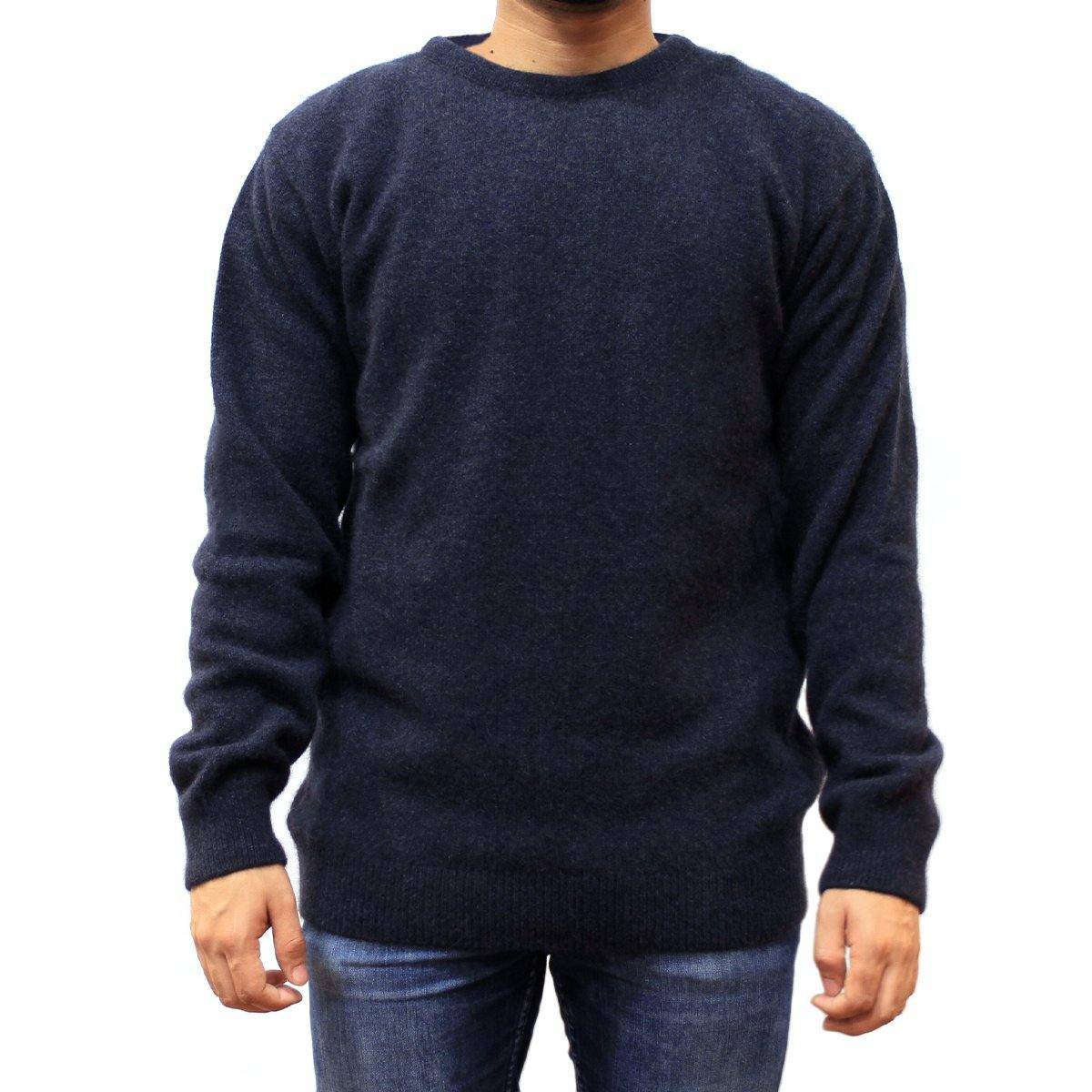 Men's indigo crew neck jumper by Koru, made from possum merino wool, featuring a soft, warm knit fabric.
