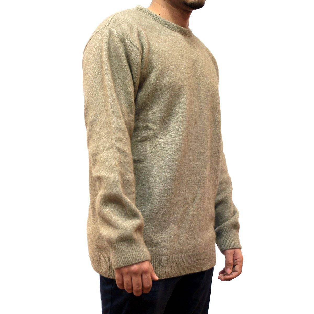 Men's crew neck jumper in mocha color, made from possum and merino wool by Koru, shown on a model.