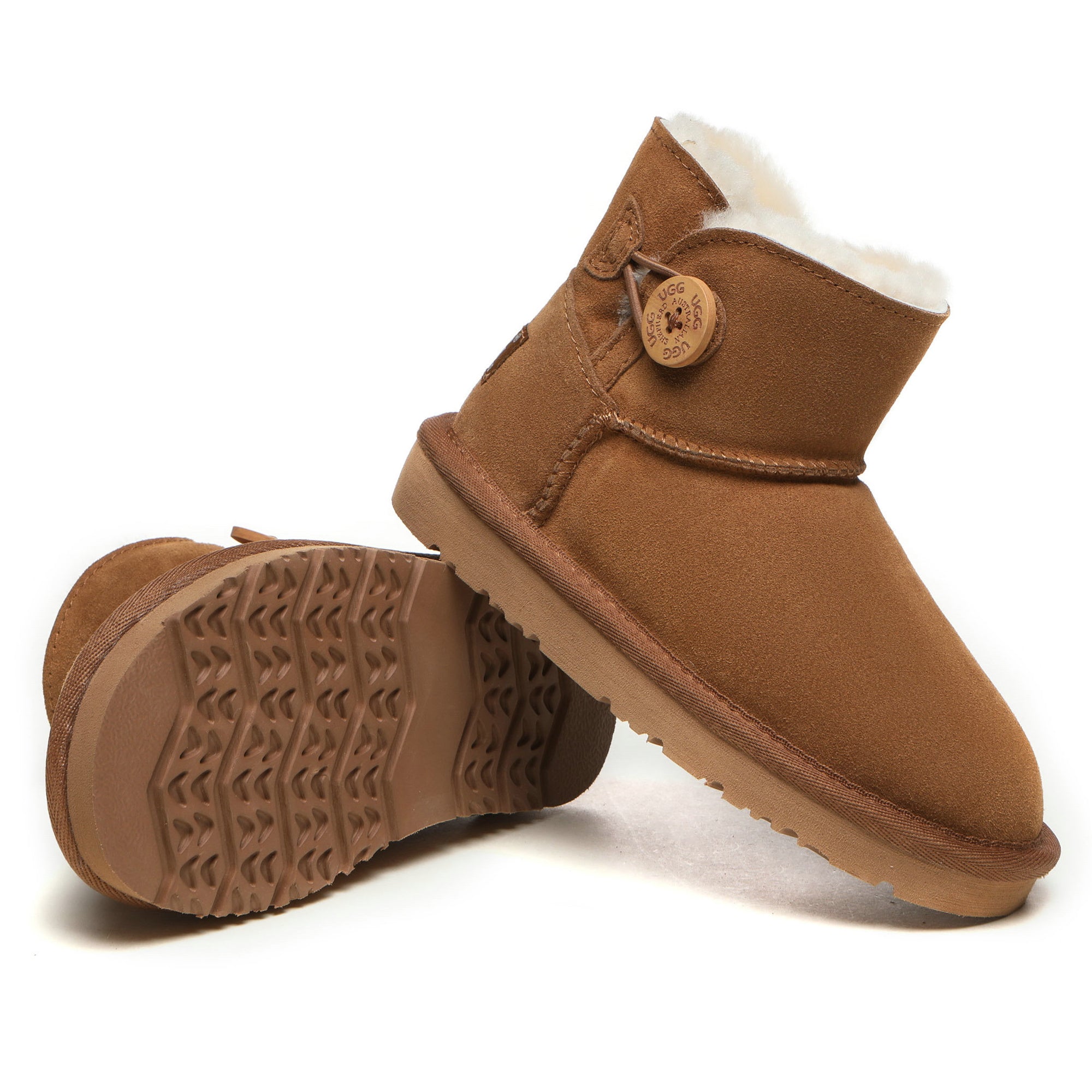 Mini UGG boots for kids with decorative buttons from EverUgg, featuring soft suede material and cozy sheepskin lining.