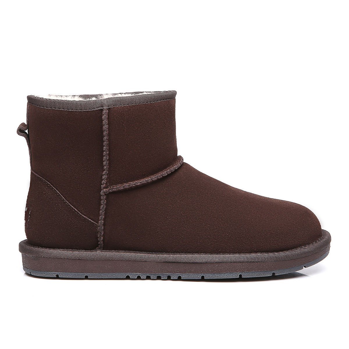 Chocolate mini classic suede UGG boots for women, showing the cozy, stylish footwear with soft suede material and plush lining.