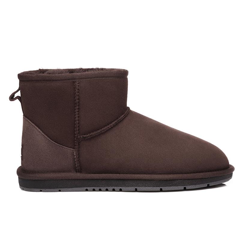 Chocolate mini classic UGG boots for women and men by EverUgg, showcasing cozy sheepskin lining and ankle-high design.