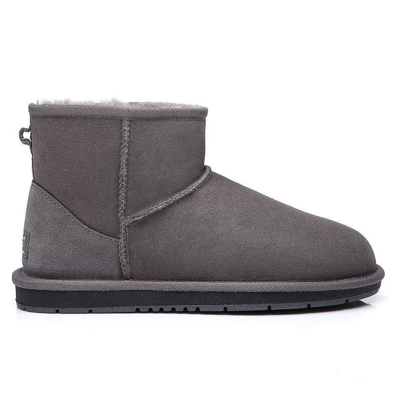 Gray Mini Classic UGG Boots for women and men by EverUgg, showcasing soft sheepskin lining and signature suede exterior.