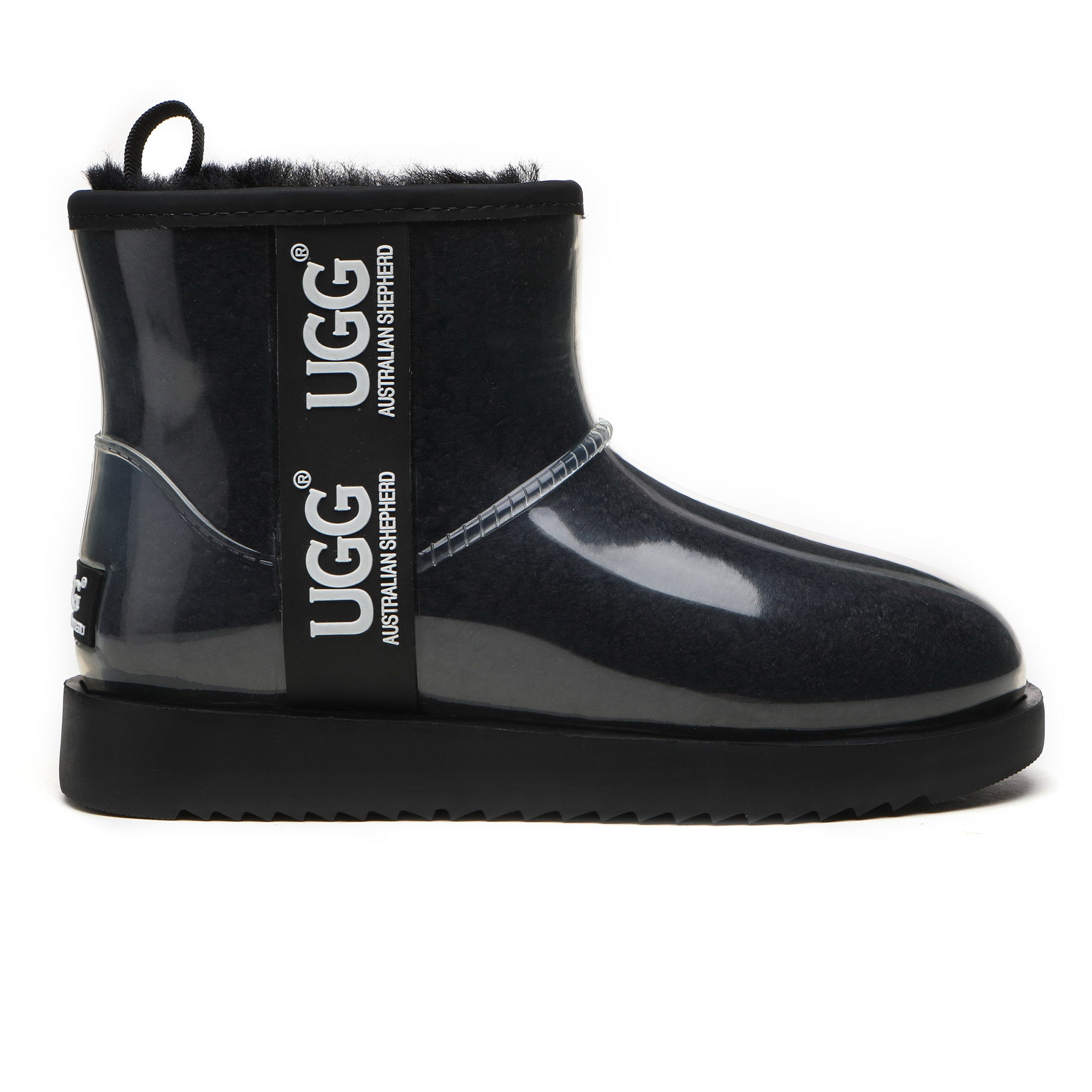 Mini clear waterproof UGG boots by EverUgg in black, featuring transparent waterproof material and classic UGG styling.