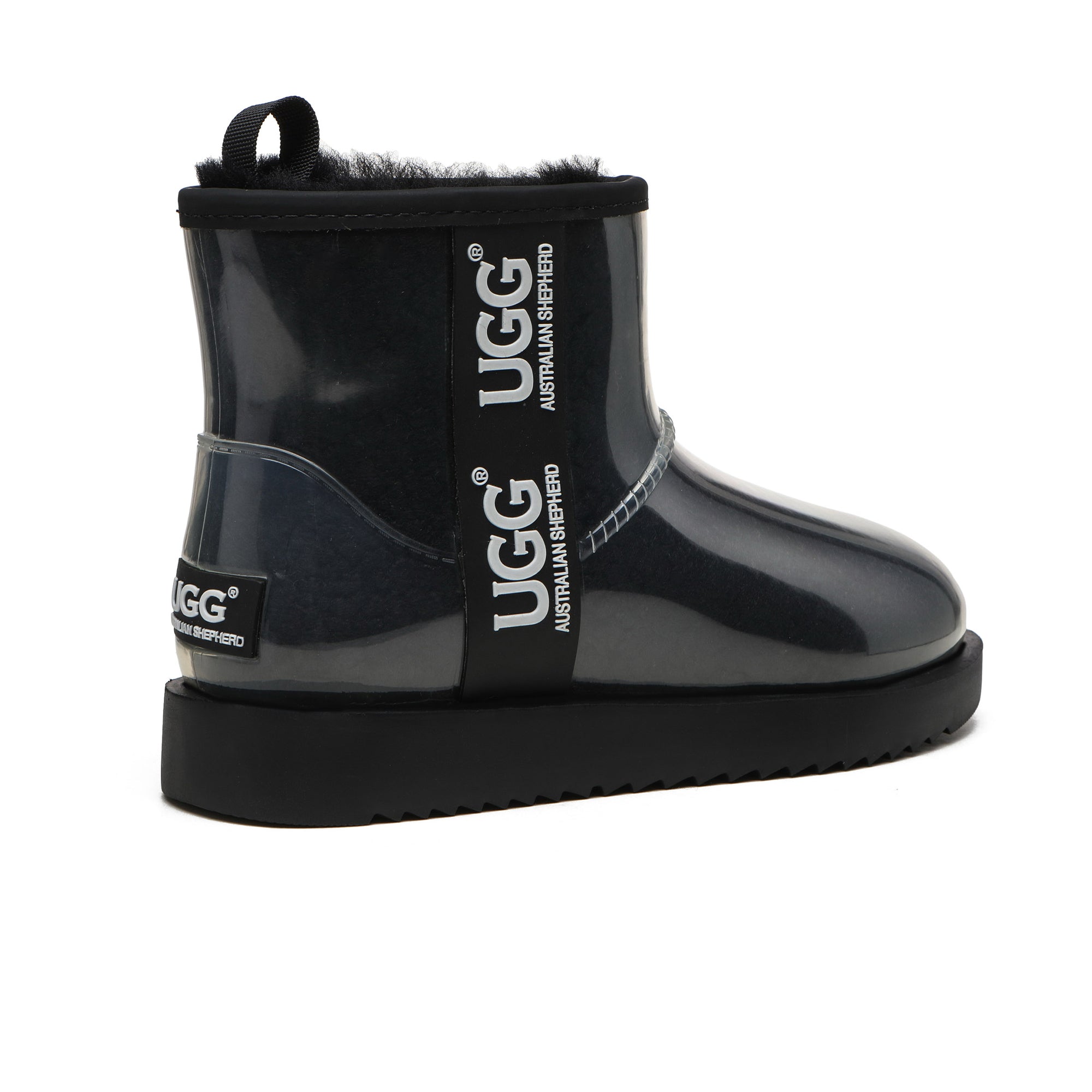 Mini clear waterproof UGG boots by EverUgg in black, featuring transparent waterproof material and classic UGG styling.