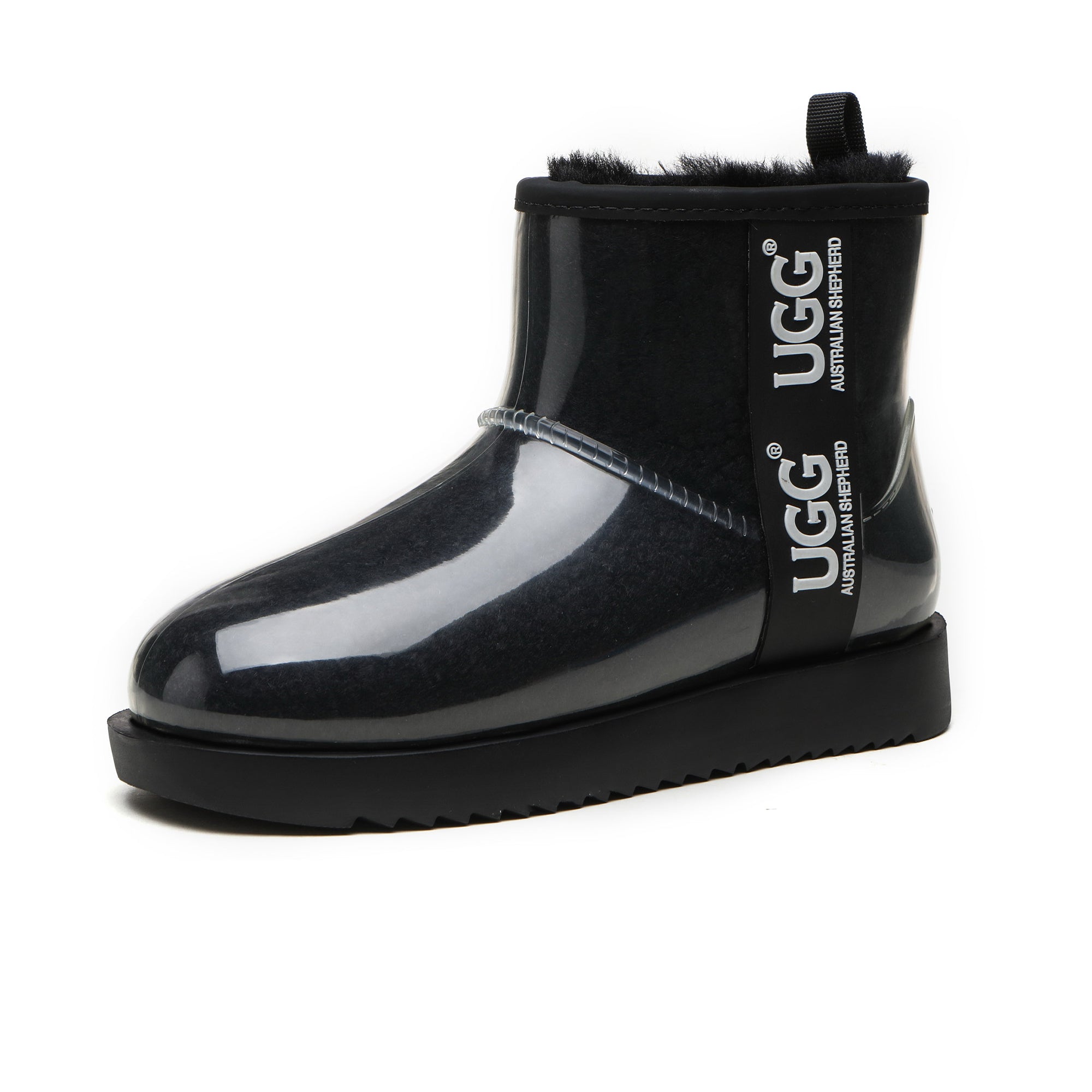 Mini clear waterproof UGG boots by EverUgg in black, showcasing transparent waterproof material and classic UGG style.