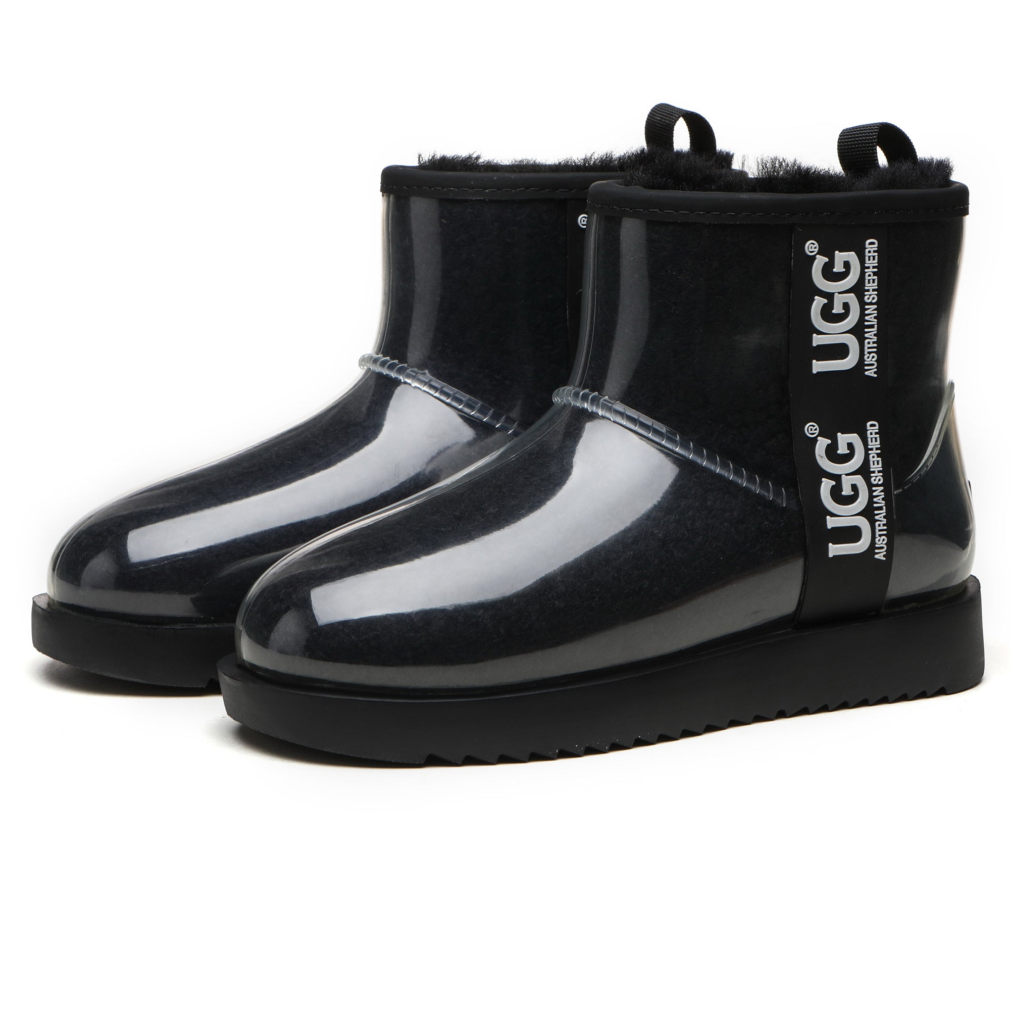 Mini clear waterproof UGG boots by EverUgg in black, showing the glossy, transparent design with waterproof material and ankle height.