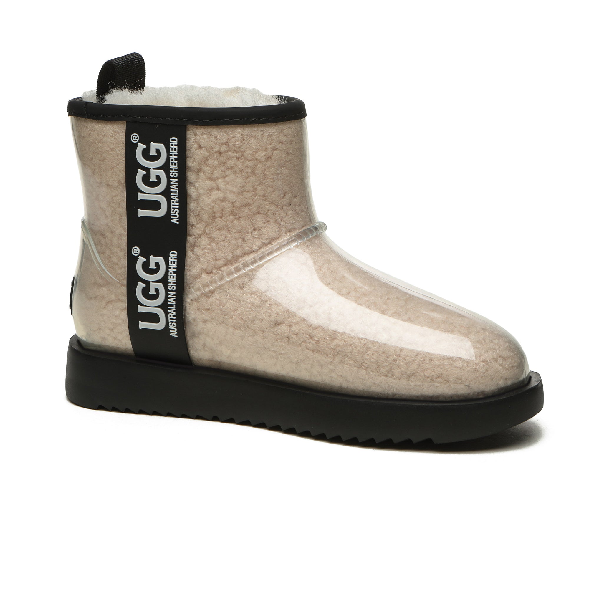 Mini clear waterproof UGG boots by EverUgg in cream color, featuring transparent waterproof material and classic UGG style.