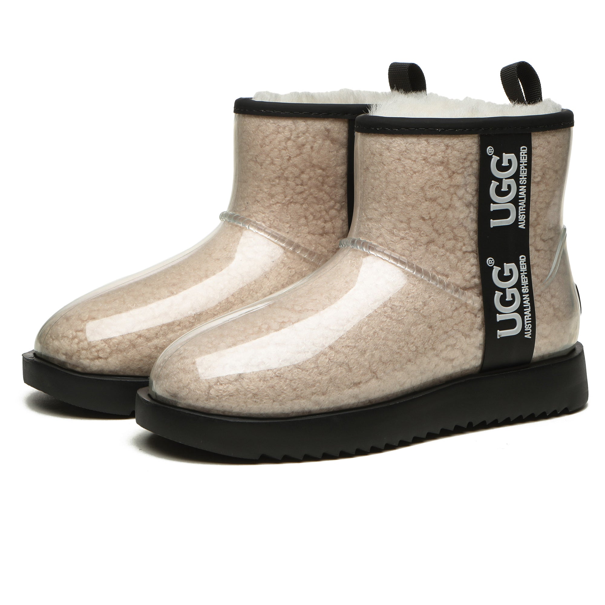 Mini clear waterproof UGG boots by EverUgg in cream with transparent waterproof material and cozy UGG style.