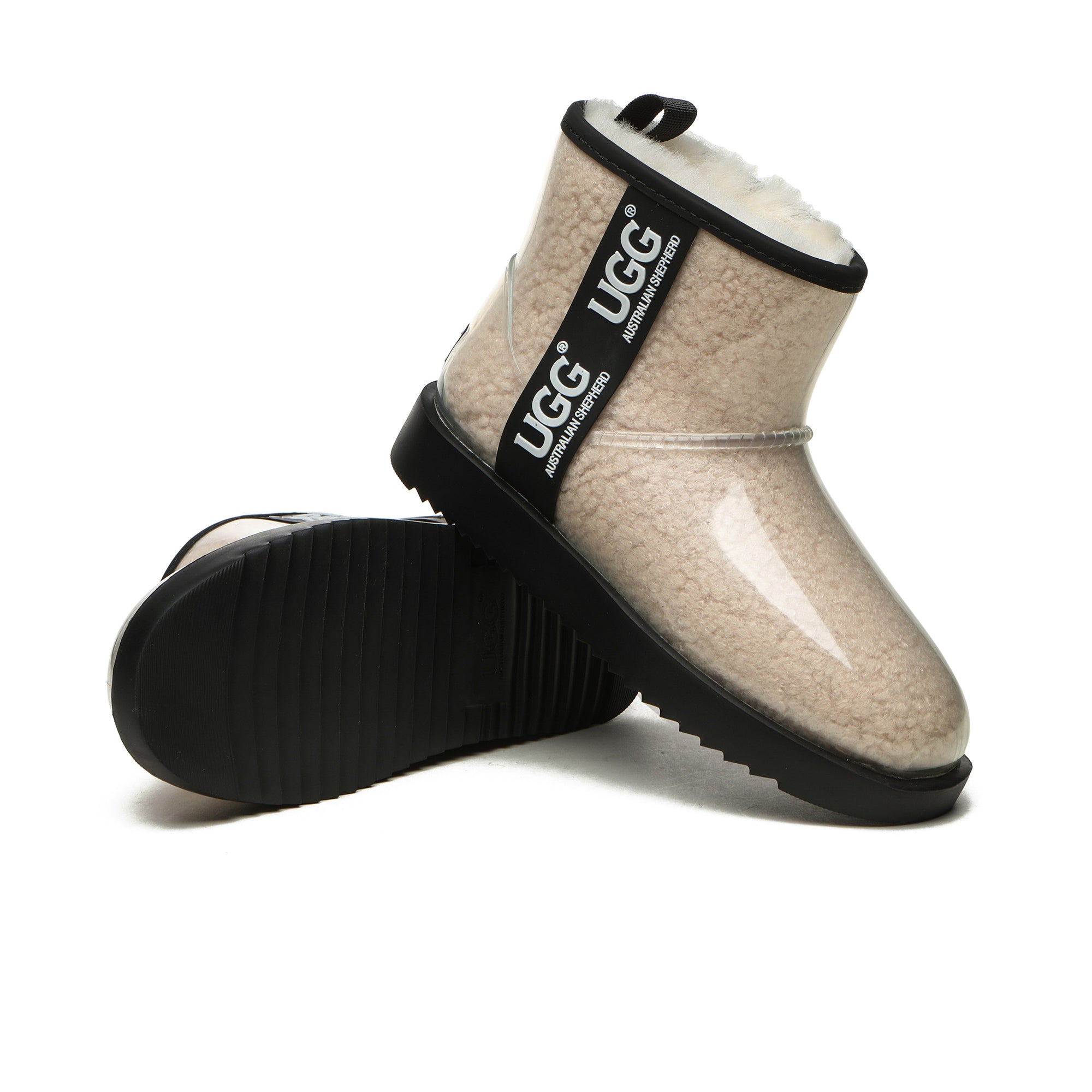 Mini clear waterproof UGG boots by EverUgg in cream color with transparent waterproof material and cozy design.
