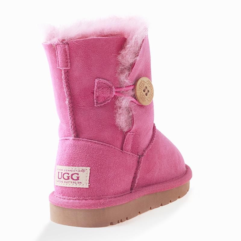 A pair of Auzland Kids UGG Boots with a single button closure, featuring soft material and cozy design for children.