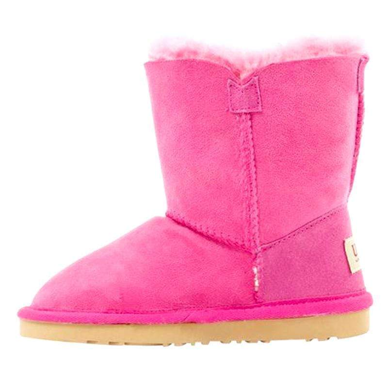 A pair of Auzland kids' UGG boots with a single button closure, featuring soft material and cozy design for little feet.