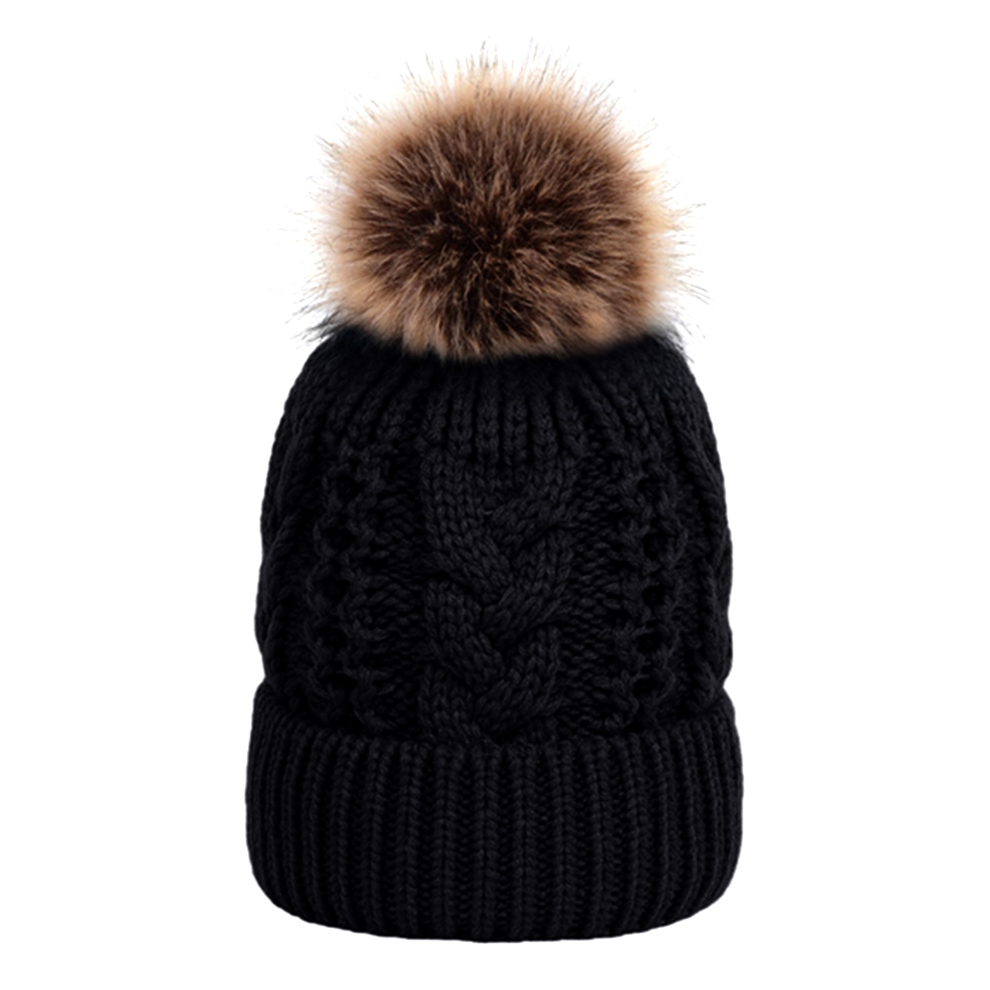 Black Snuggyz Pom Pom Beanie with a large fluffy pom-pom on top, cozy and stylish for cold weather wear.