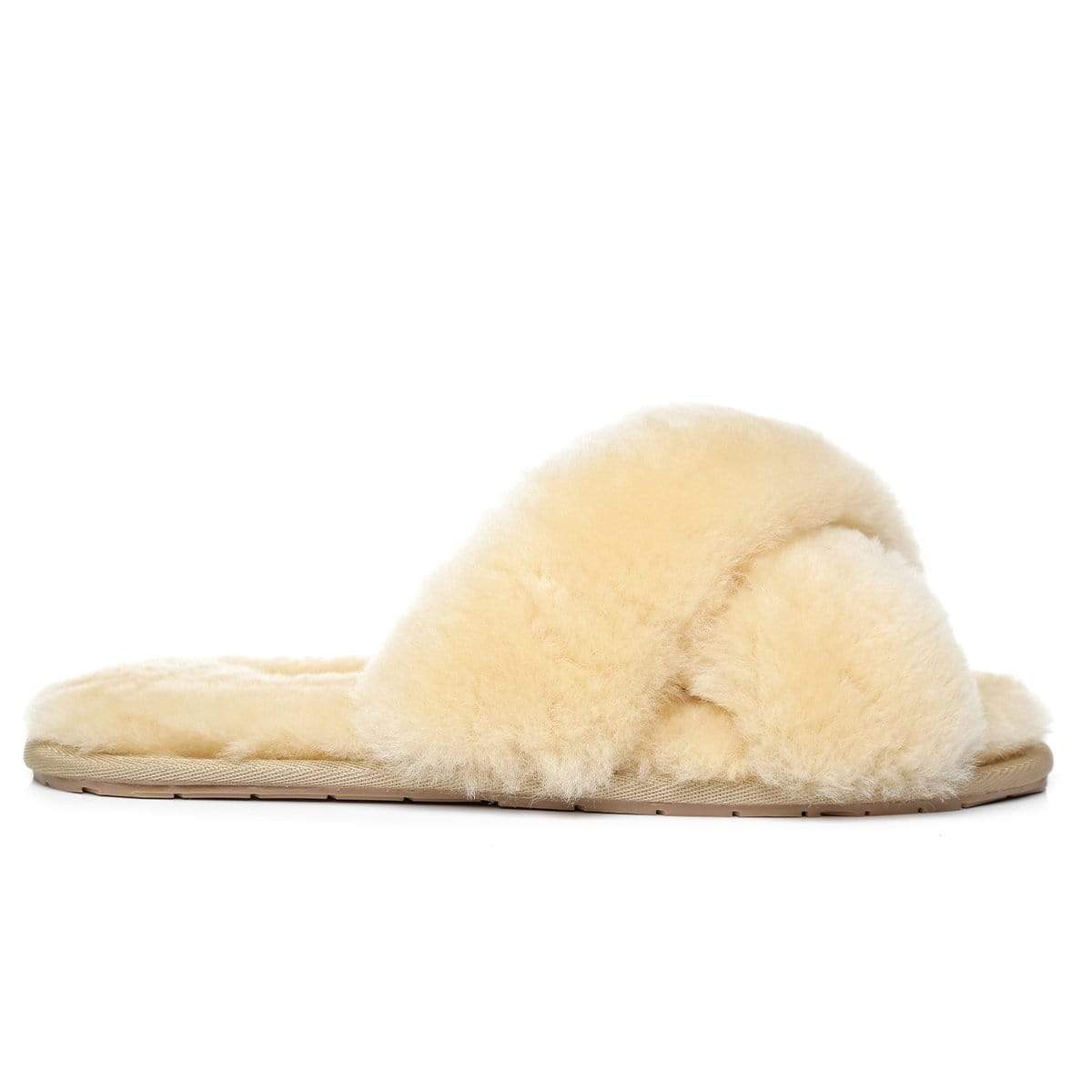 Cream UGG Premium Cross Fluff Slides for women and men, featuring soft, plush cross-fluff design and comfortable slip-on style.