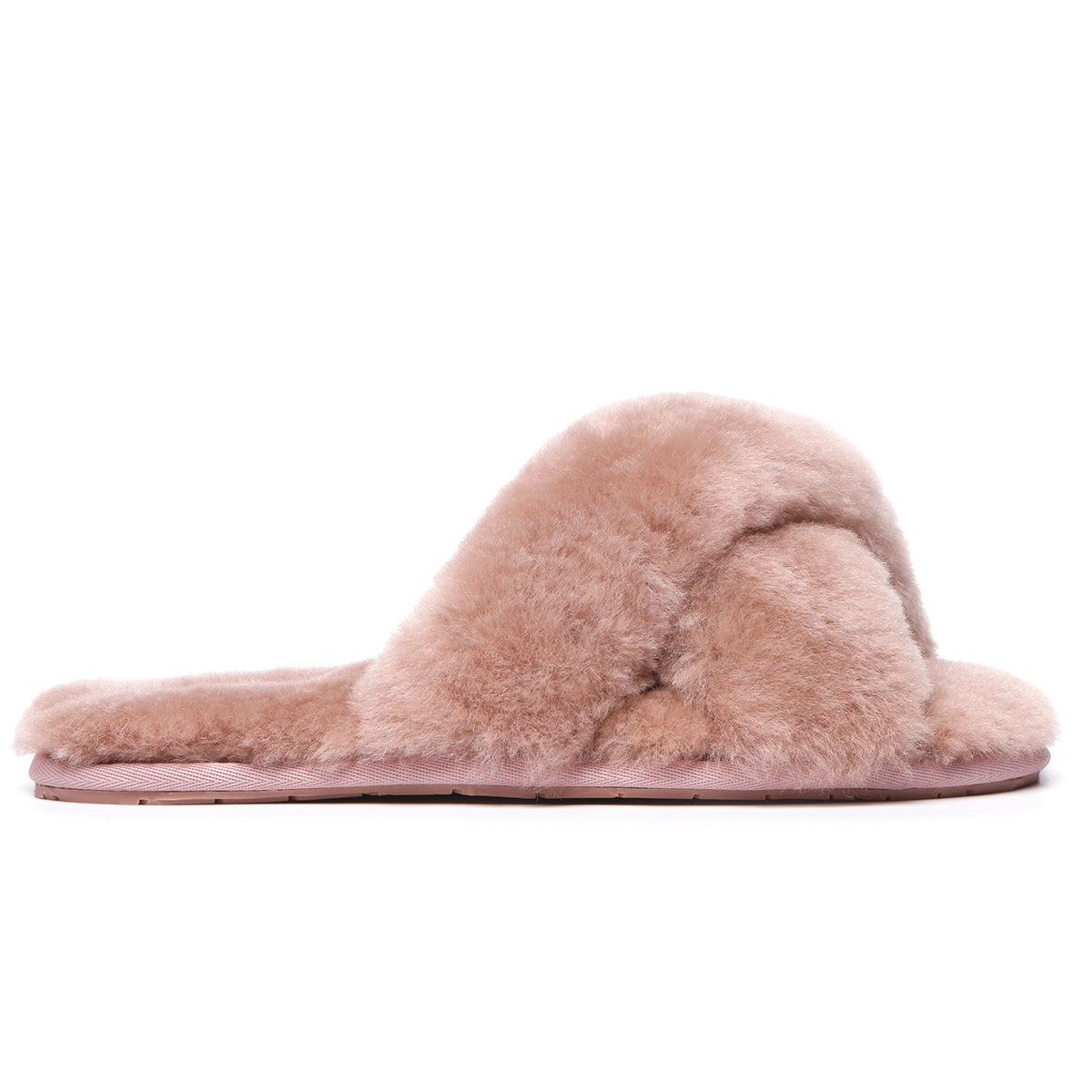 EverUgg Premium Cross Fluff Slides for women in dawn pink, featuring soft plush cross straps and cushioned soles.