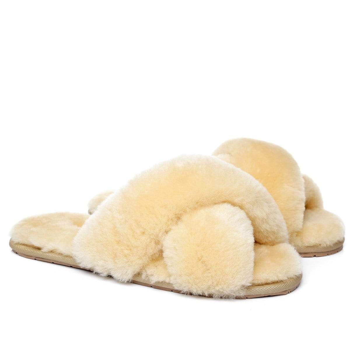 EverUgg Premium Cross Fluff Slides for women, plush slippers with cross-strap design and soft fluffy texture.
