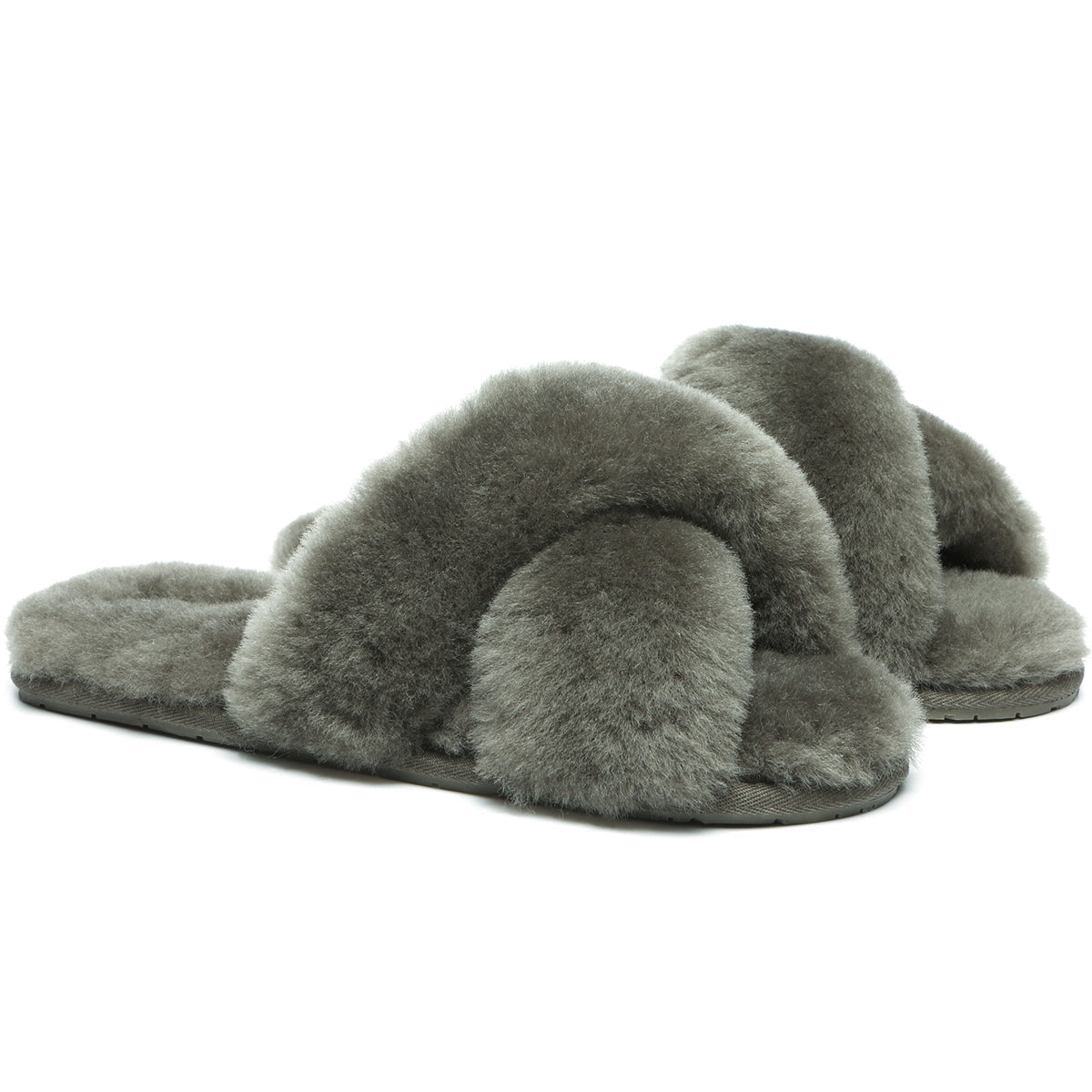 EverUgg Premium Cross Fluff Slides for women featuring plush, cross-strap design and soft, cozy slipper-like comfort.