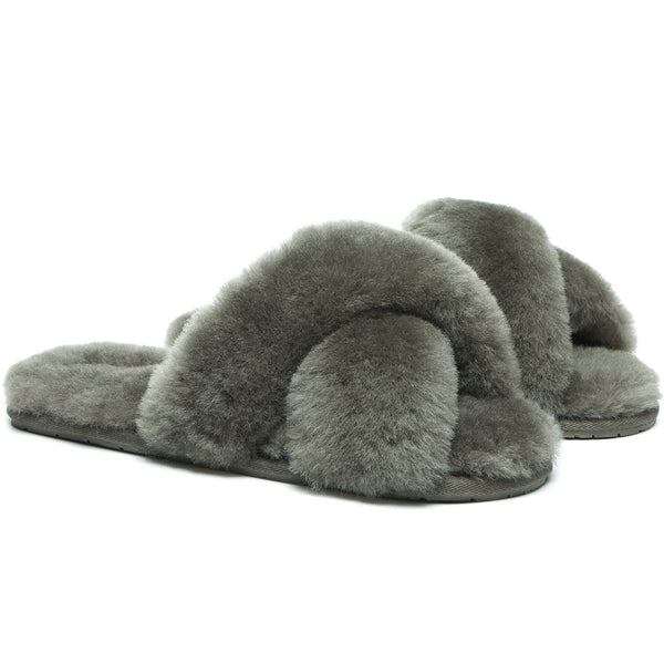 EverUgg Premium Cross Fluff Slides for women featuring plush, cross-strap design and soft, cozy slipper-like comfort.