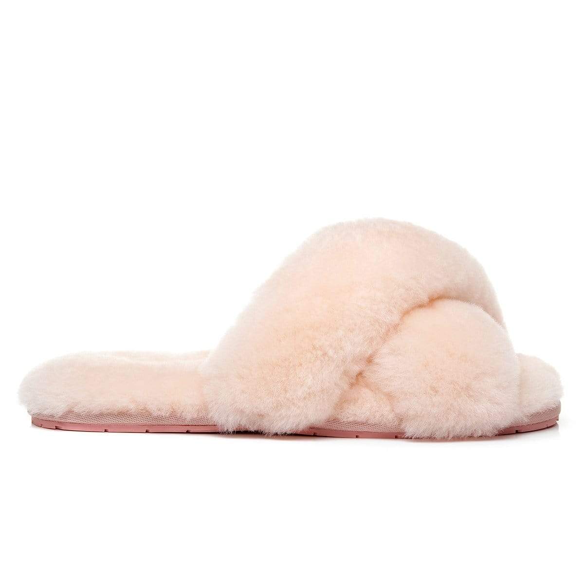 Pink EverUgg Premium Cross Fluff Slides for women featuring soft, plush slippers style with cross strap design.